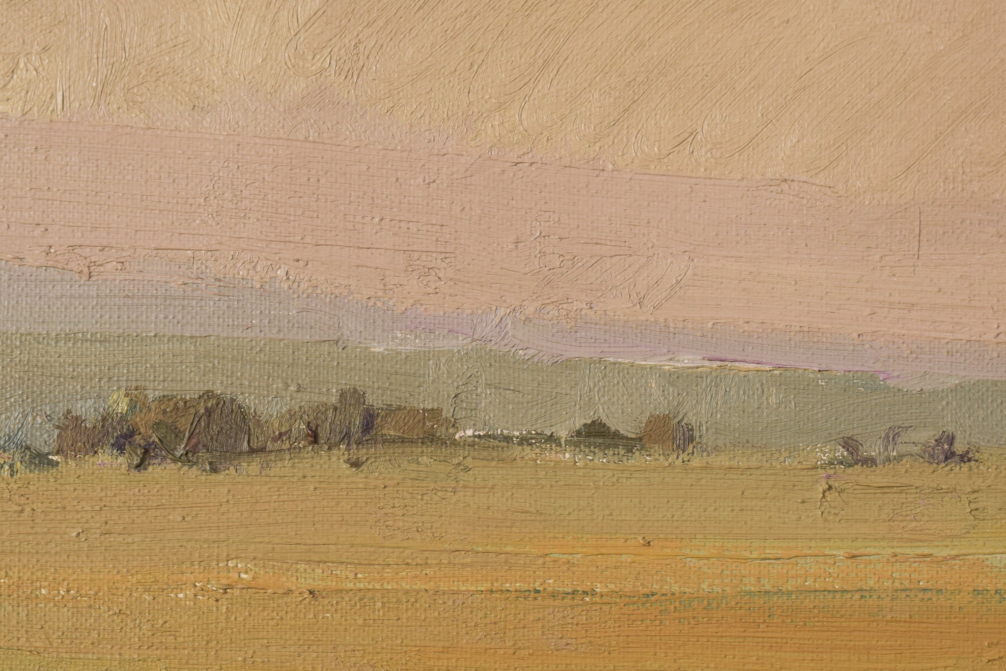 A painting of a field with a house in the distance.