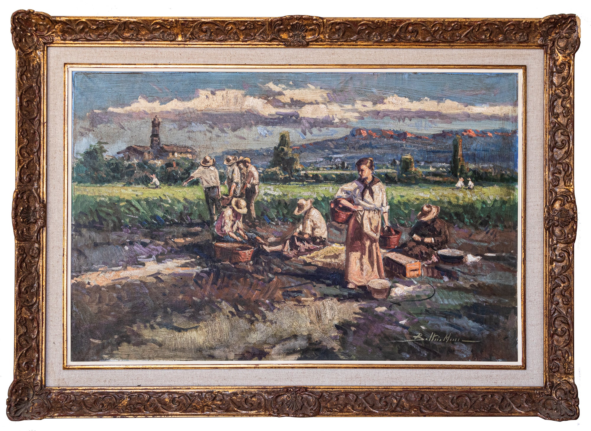 A painting of a group of people in a field.