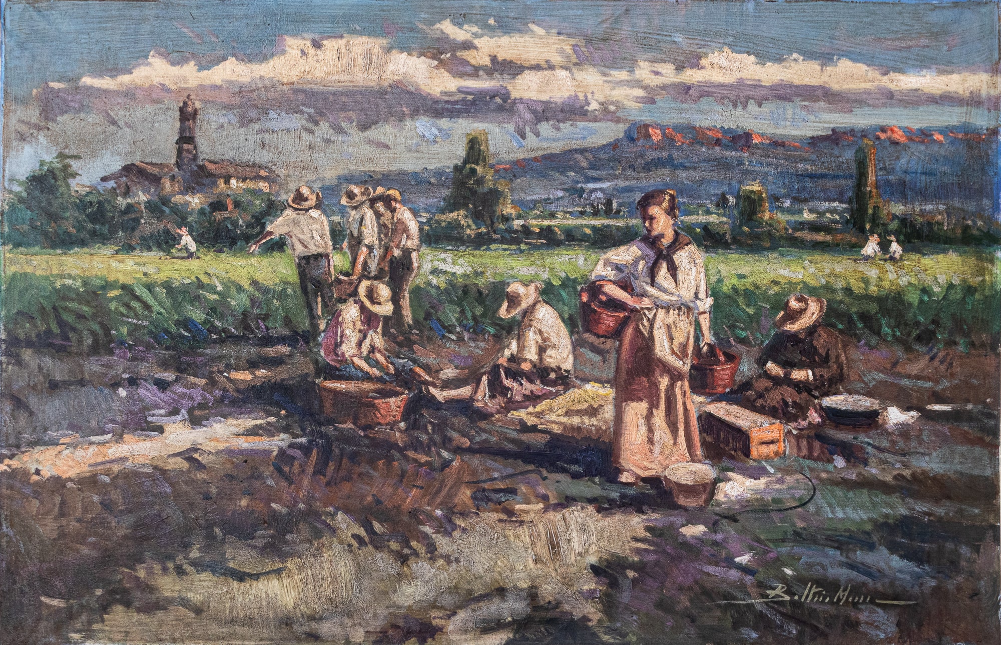 A painting of a group of people in a field.