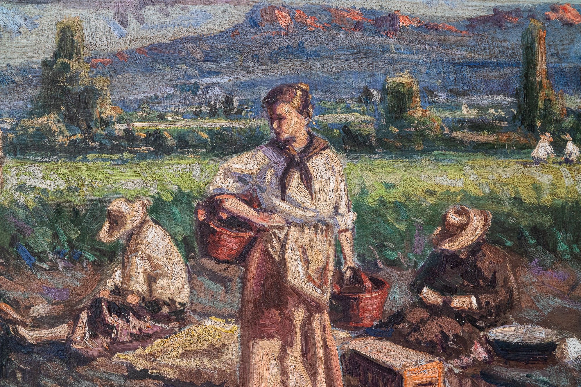 A painting of a group of people in a field.