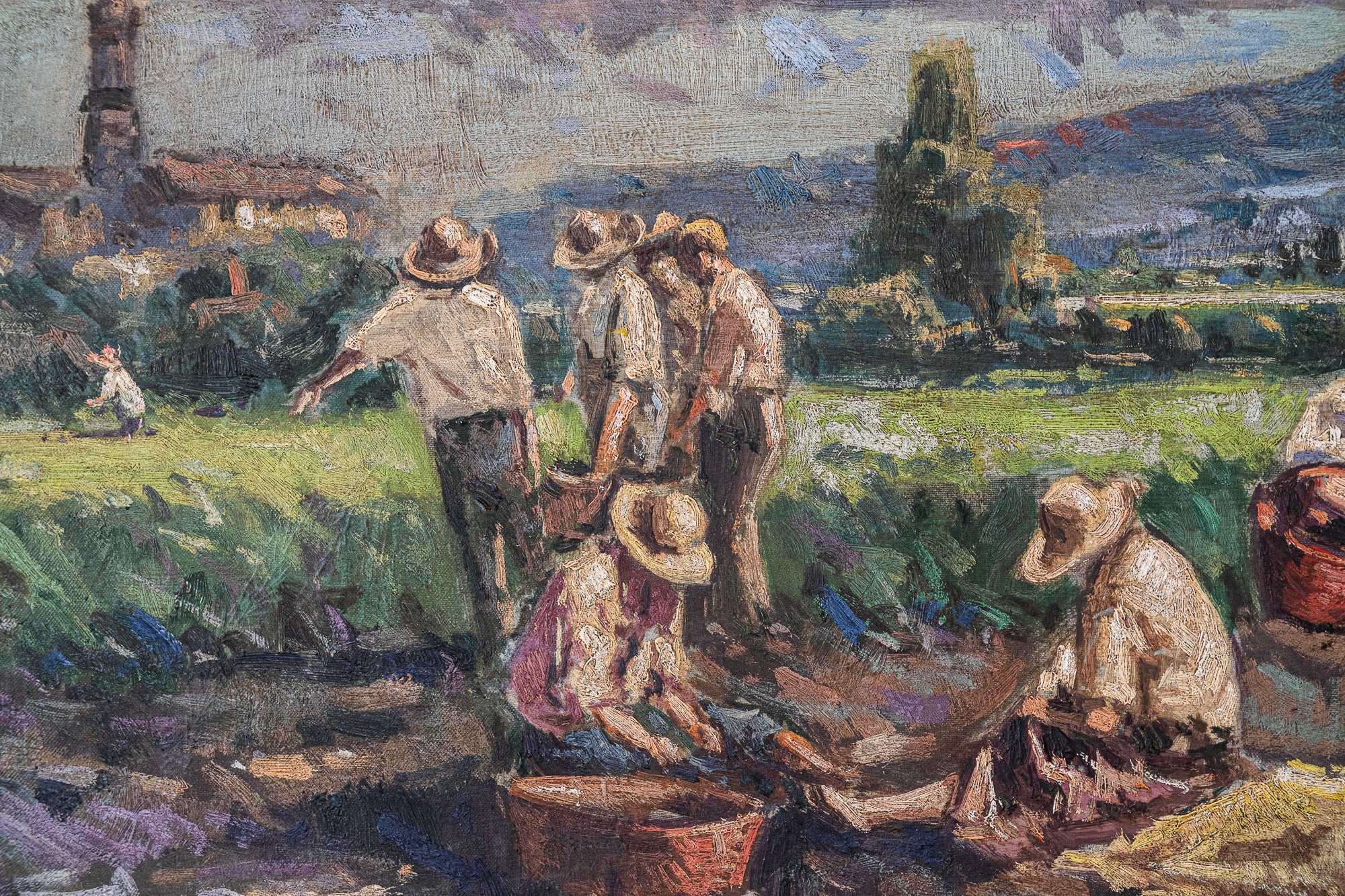 A painting of a group of people in a field.