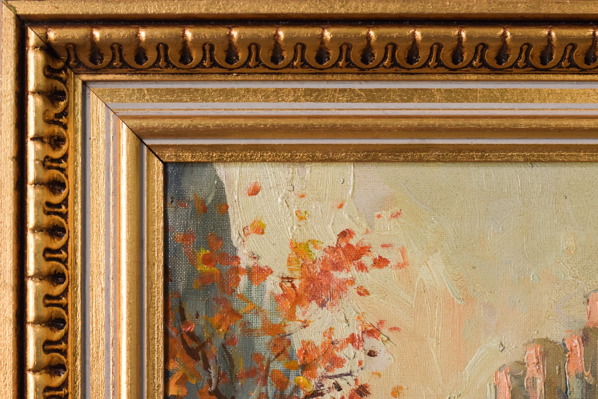 A painting of people walking down a city street.