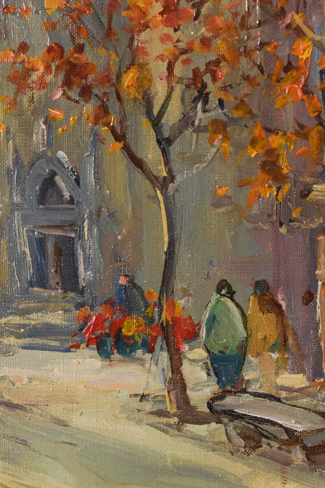 A painting of people walking down a city street.