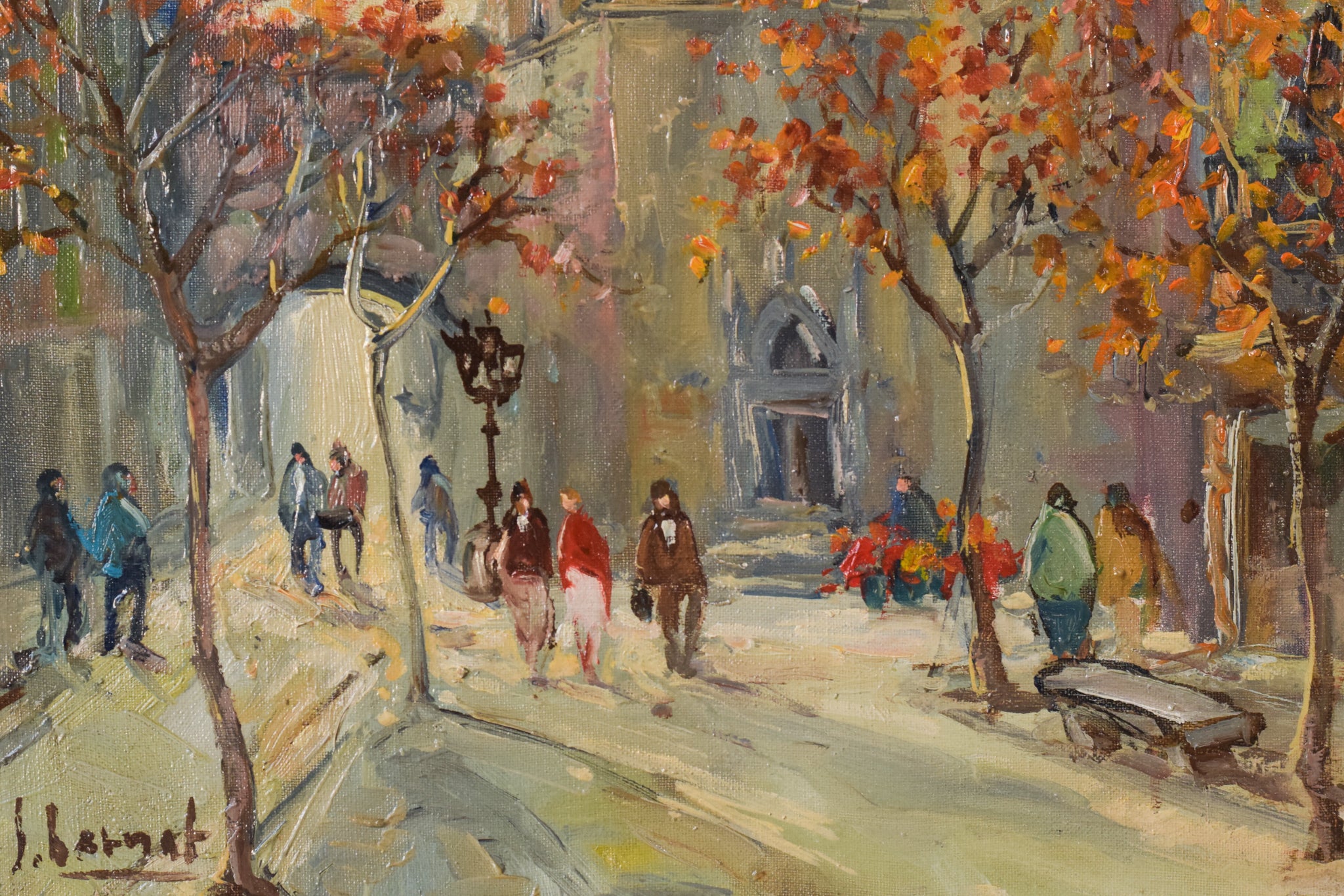 A painting of people walking down a city street.