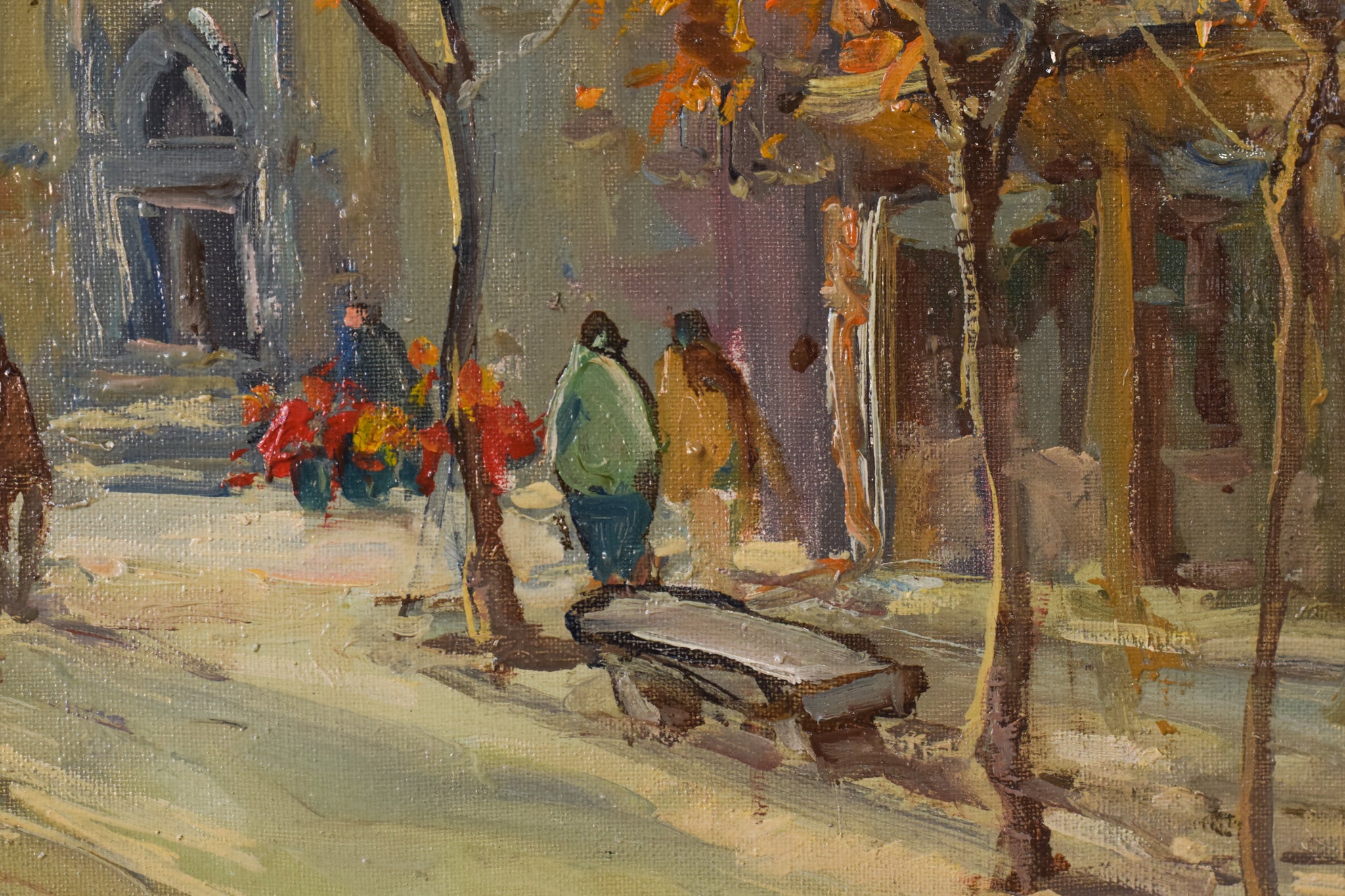 A painting of people walking down a city street.