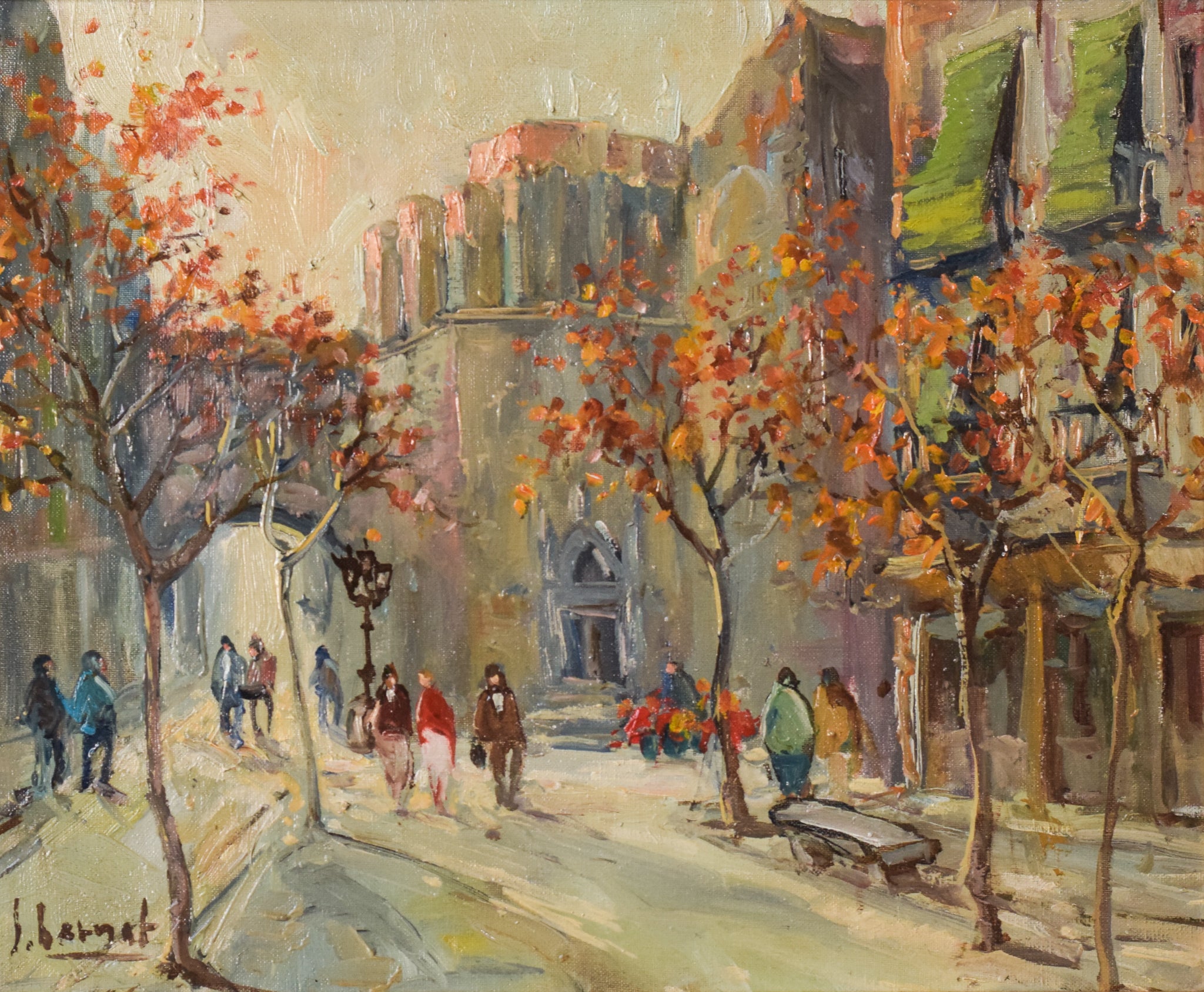 A painting of people walking down a city street.
