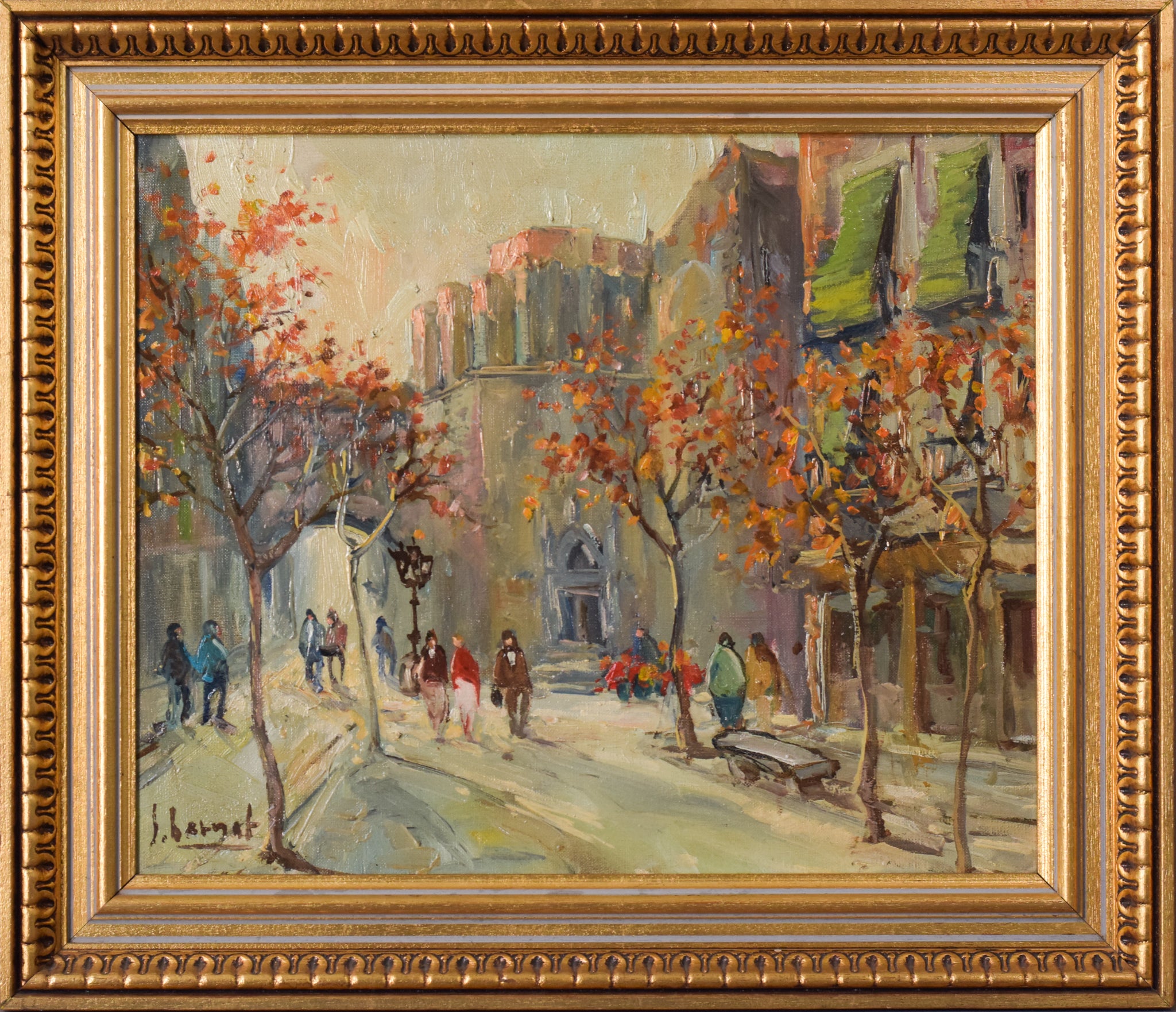 A painting of people walking down a city street.