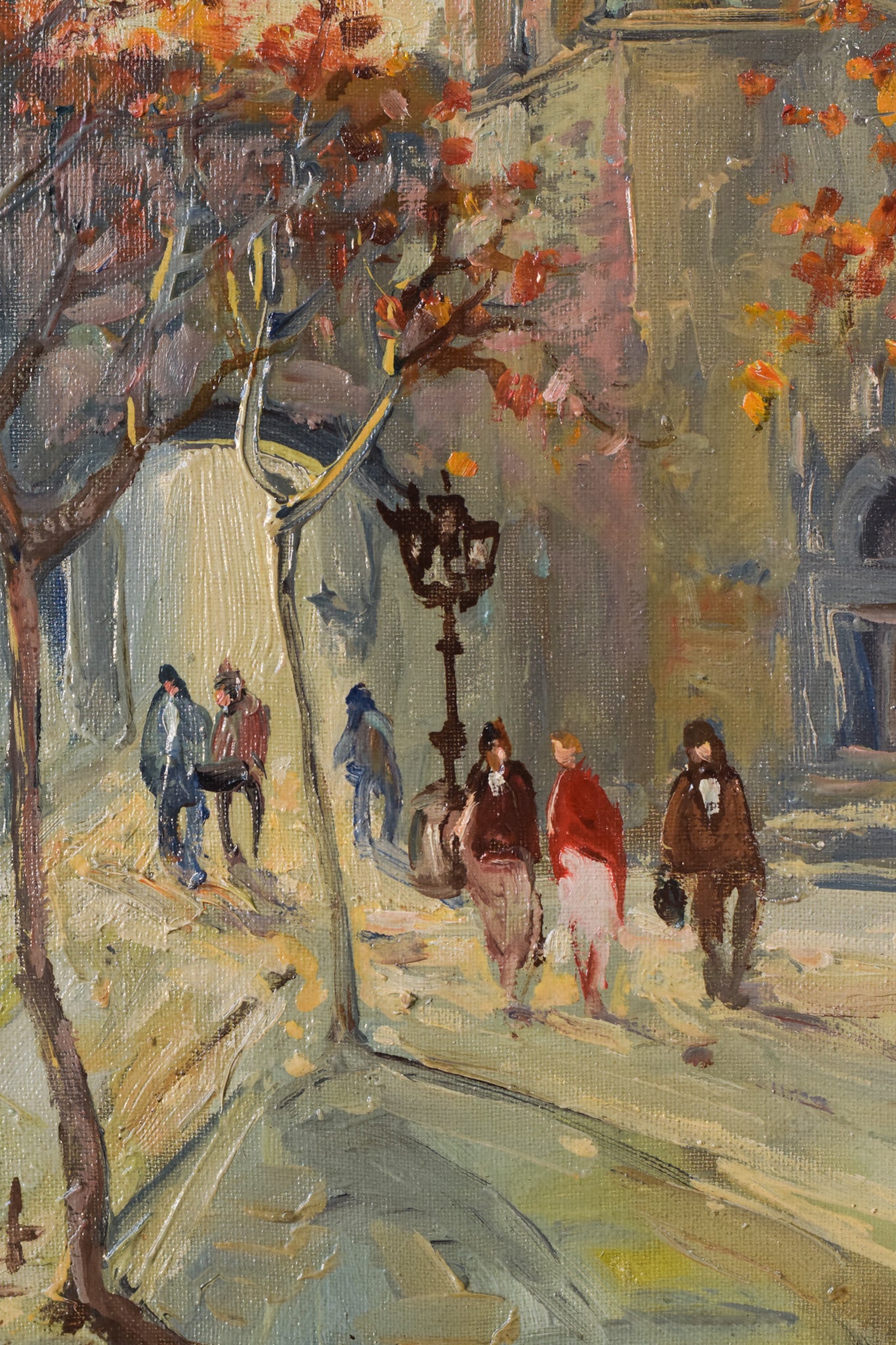 A painting of people walking down a city street.