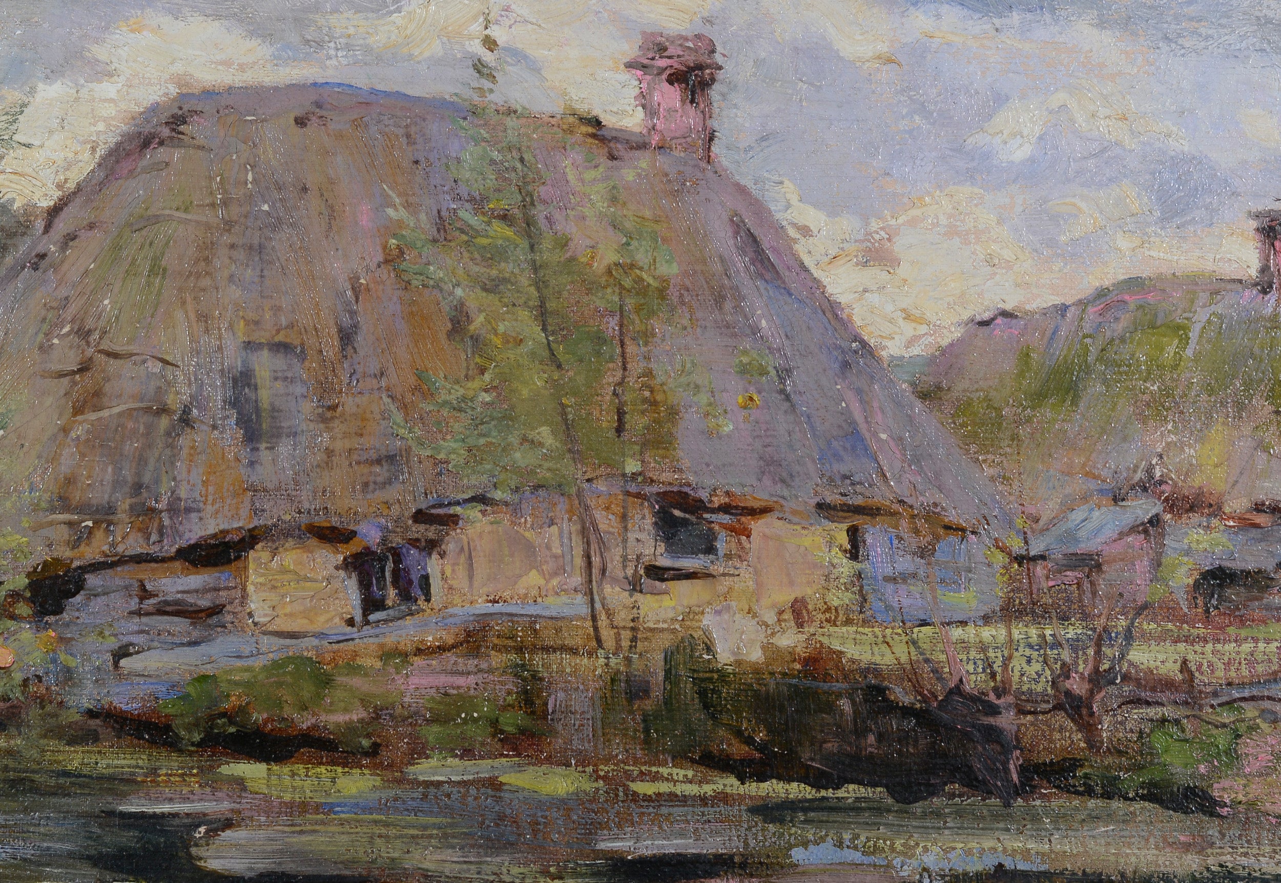 A painting of a thatched roofed house by a river.