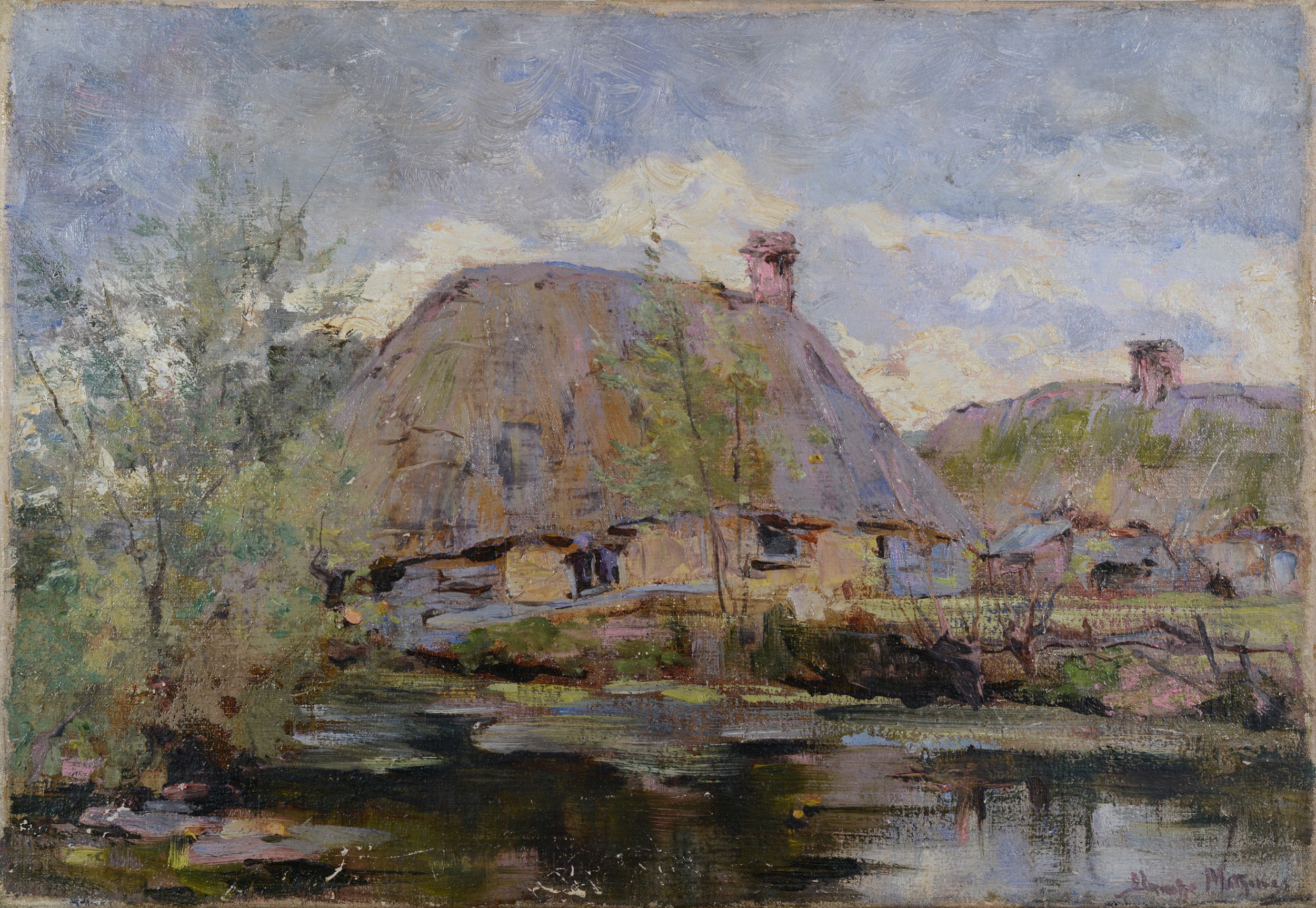 A painting of a thatched roofed house by a river.