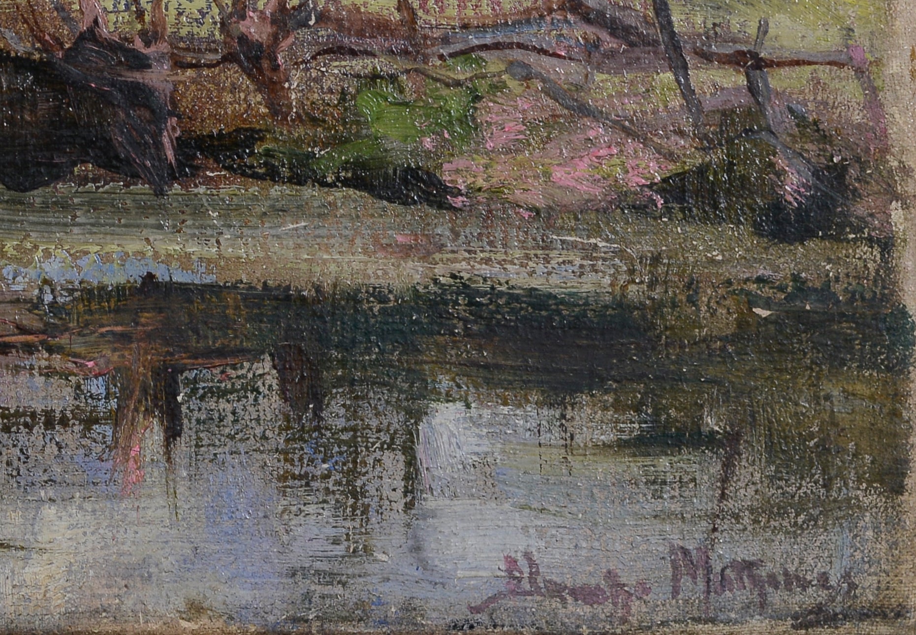 A painting of a thatched roofed house by a river.