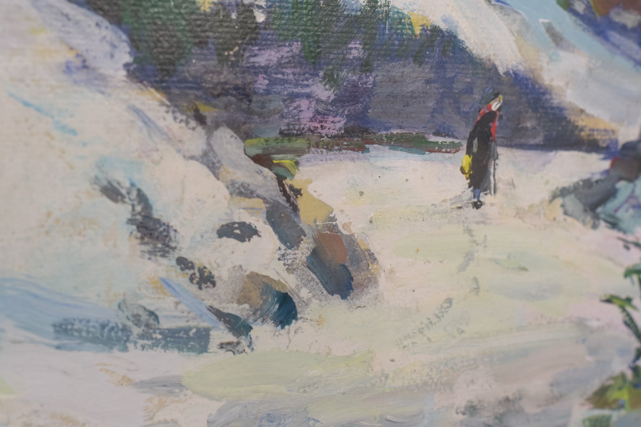 A painting of a person walking in the snow.