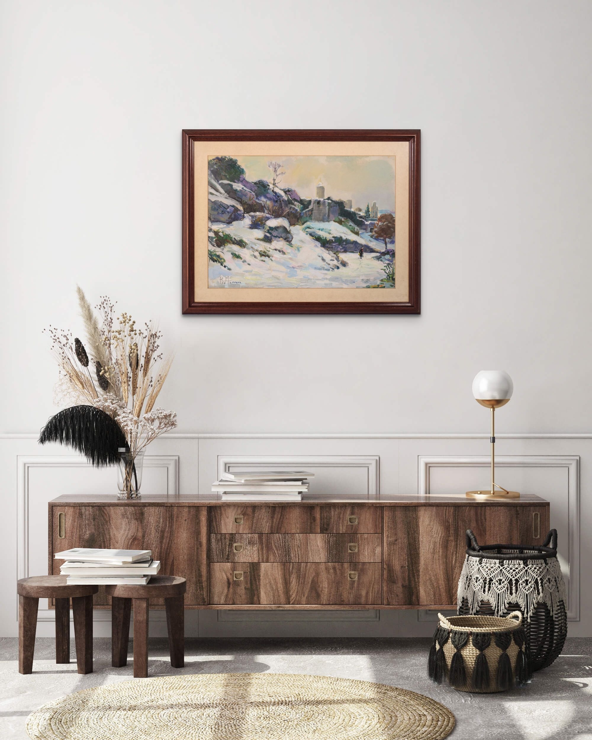 A painting of a person walking in the snow.