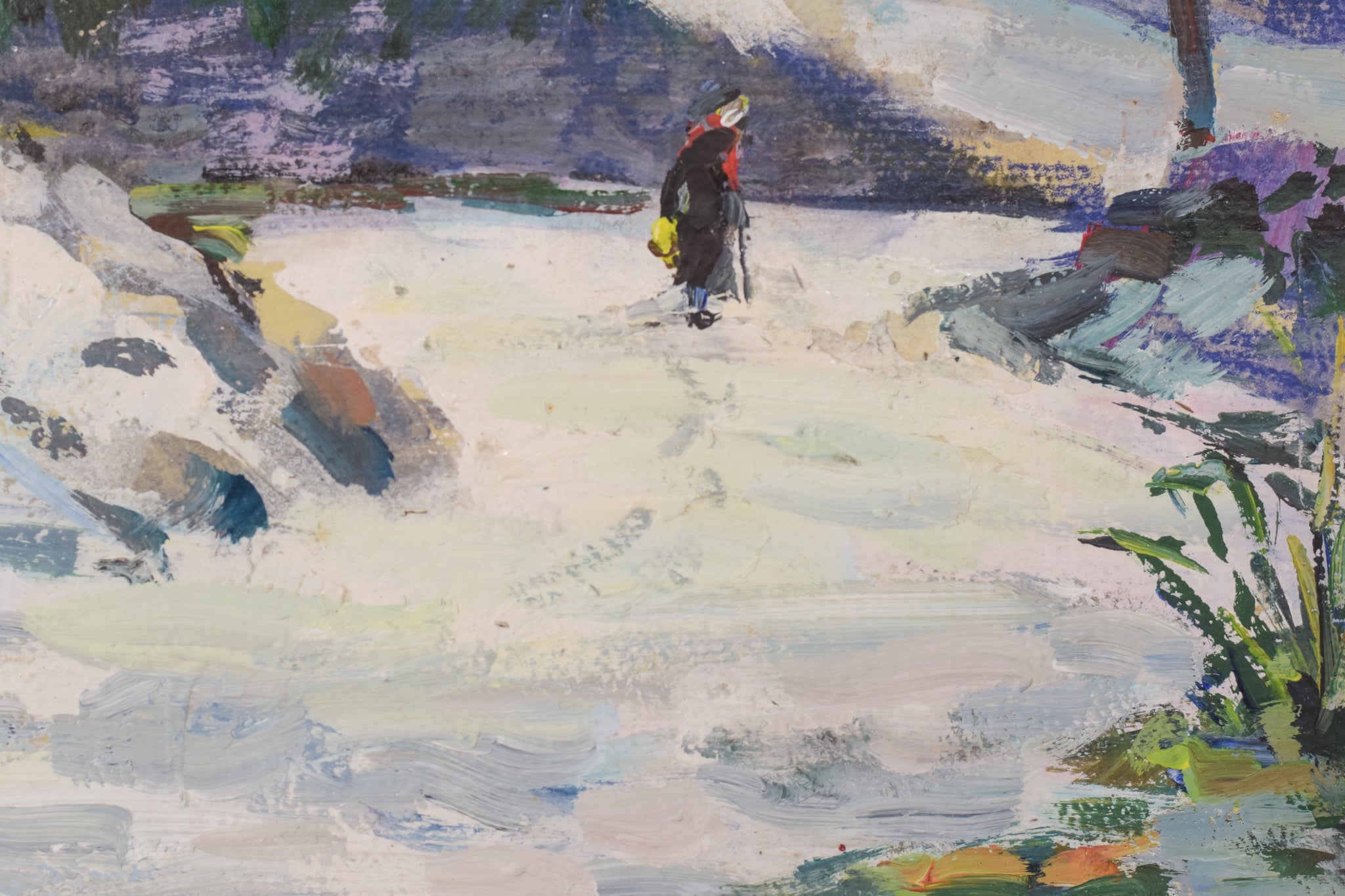 A painting of a person walking in the snow.