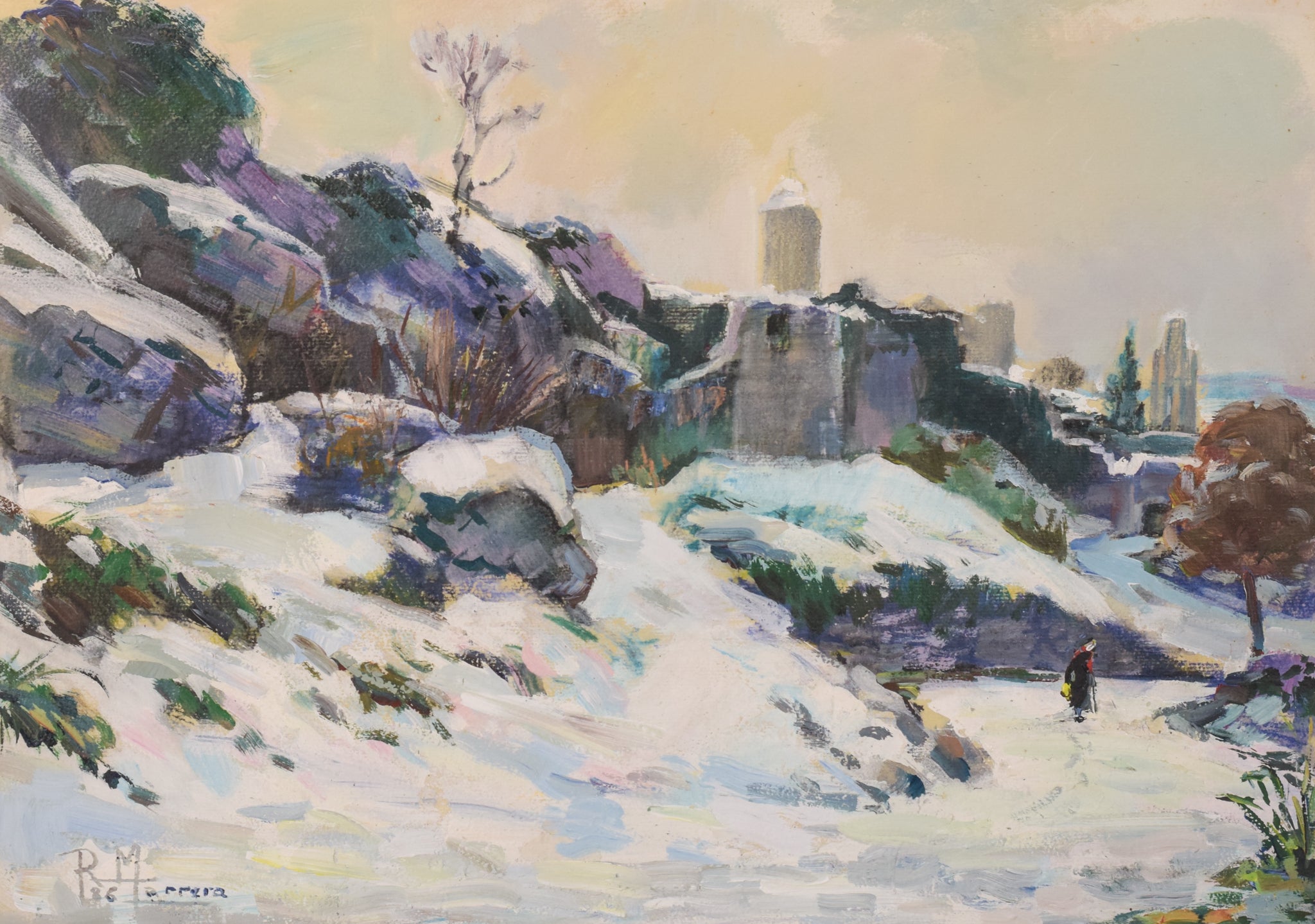 A painting of a person walking in the snow.