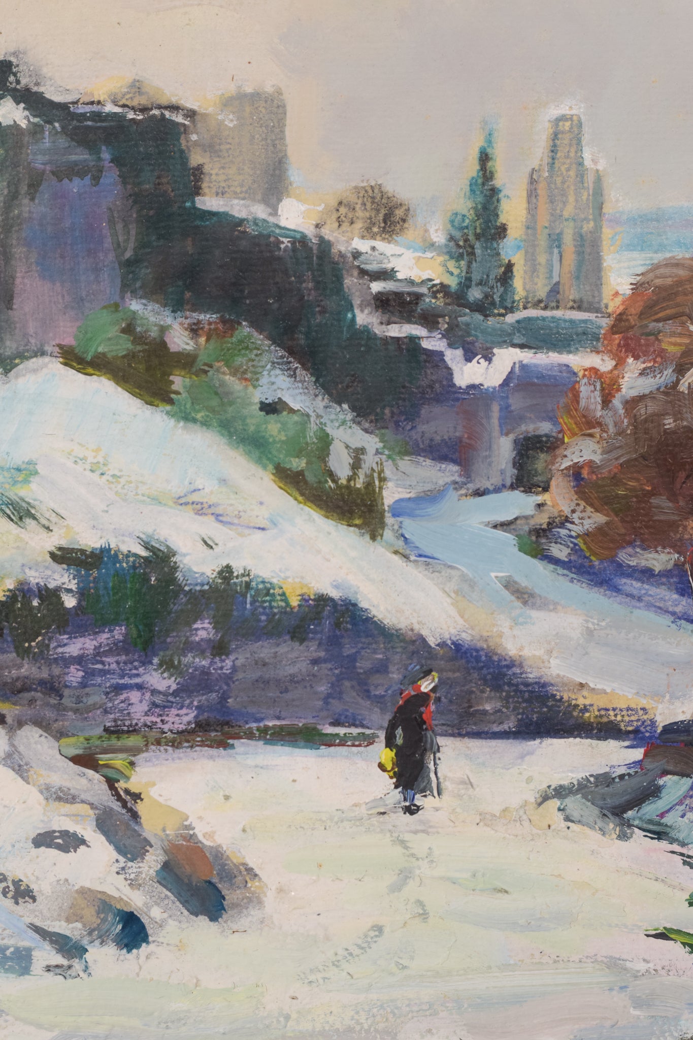 A painting of a person walking in the snow.