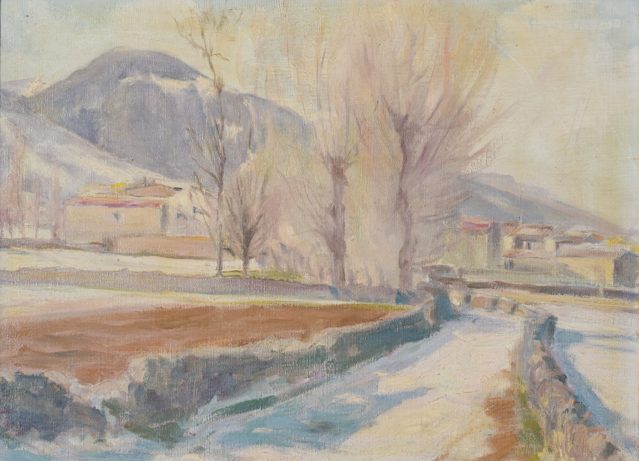 A painting of a snowy landscape with a mountain in the background.