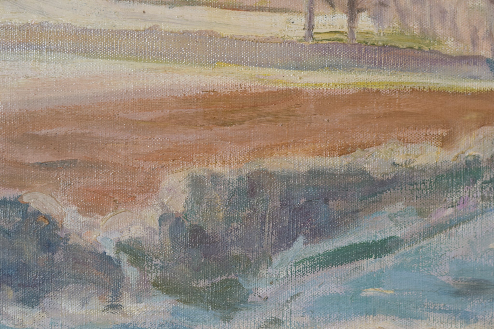 A painting of a snowy landscape with a mountain in the background.