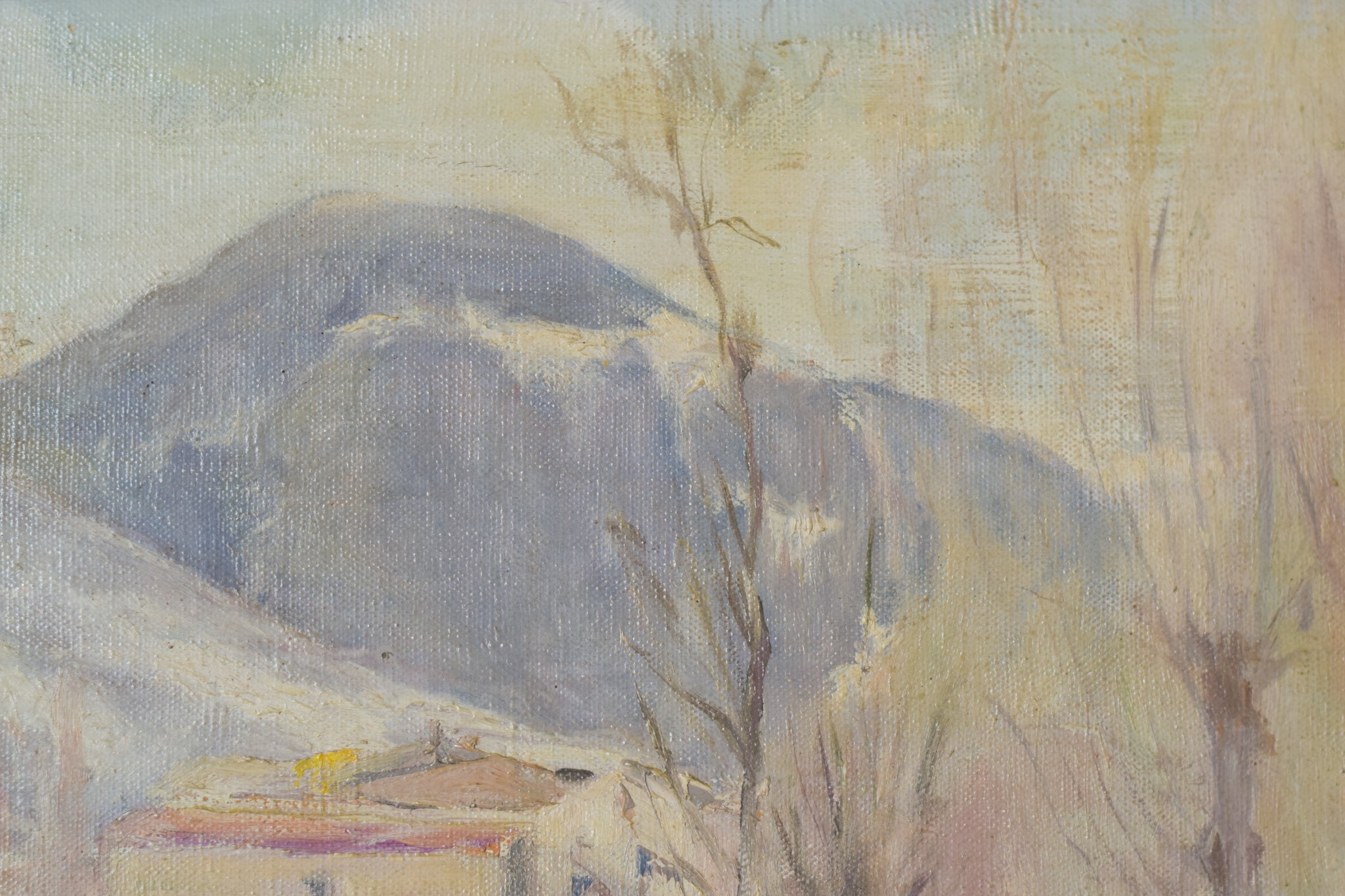 A painting of a snowy landscape with a mountain in the background.