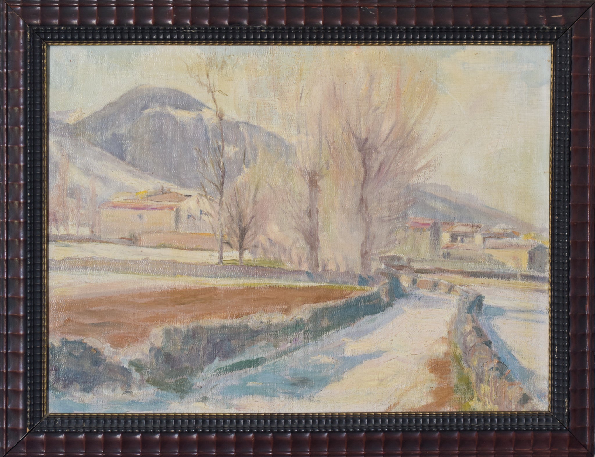 A painting of a snowy landscape with a mountain in the background.