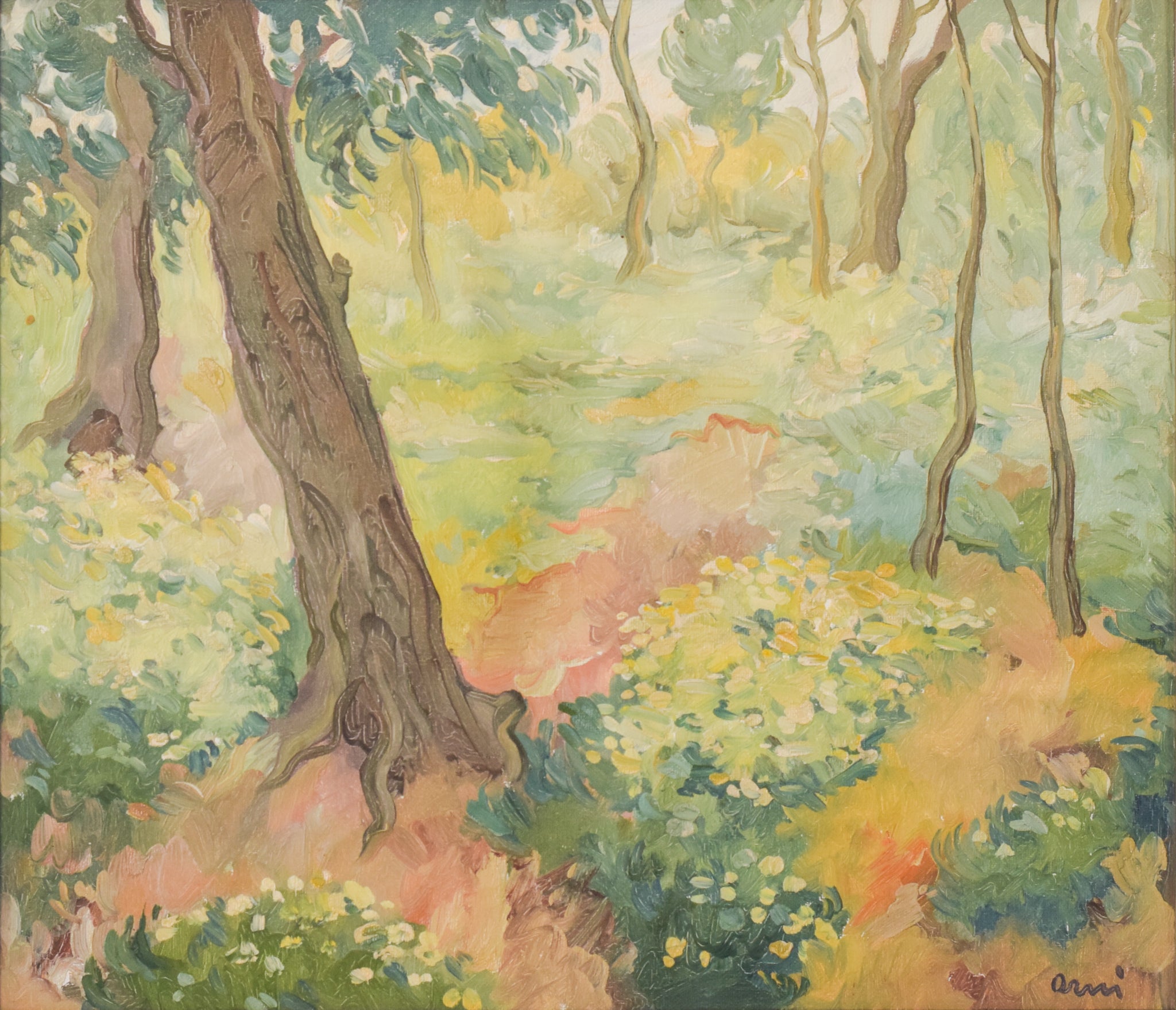 Artwork by Unknown, Impressionist - Wooded Landscape with Flowers, Made of Oil on board 
