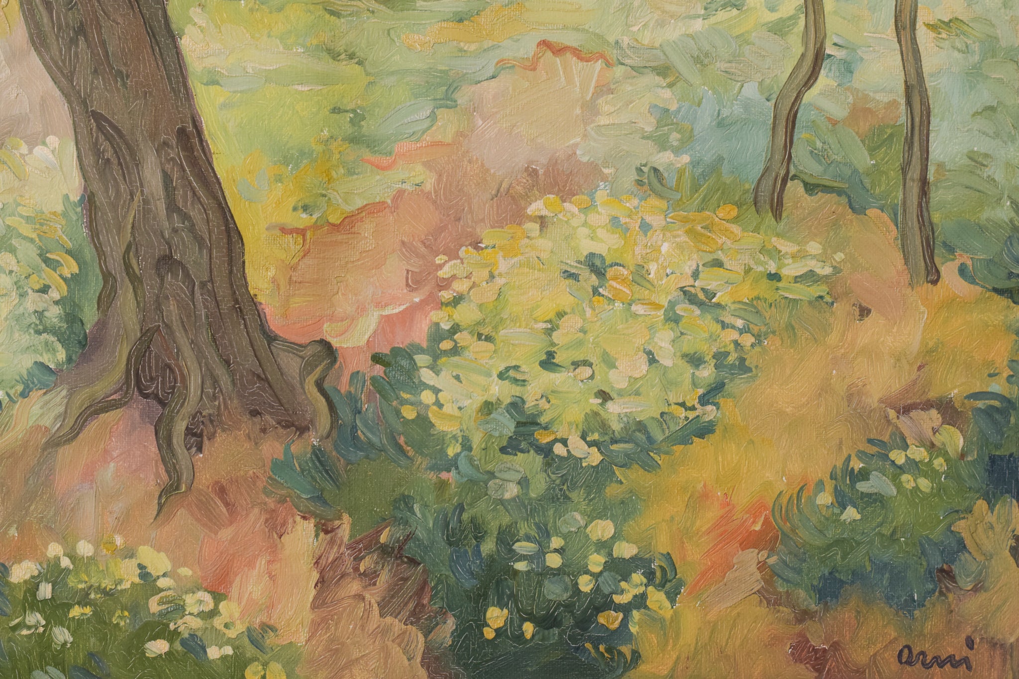 Artwork by Unknown, Impressionist - Wooded Landscape with Flowers, Made of Oil on board 