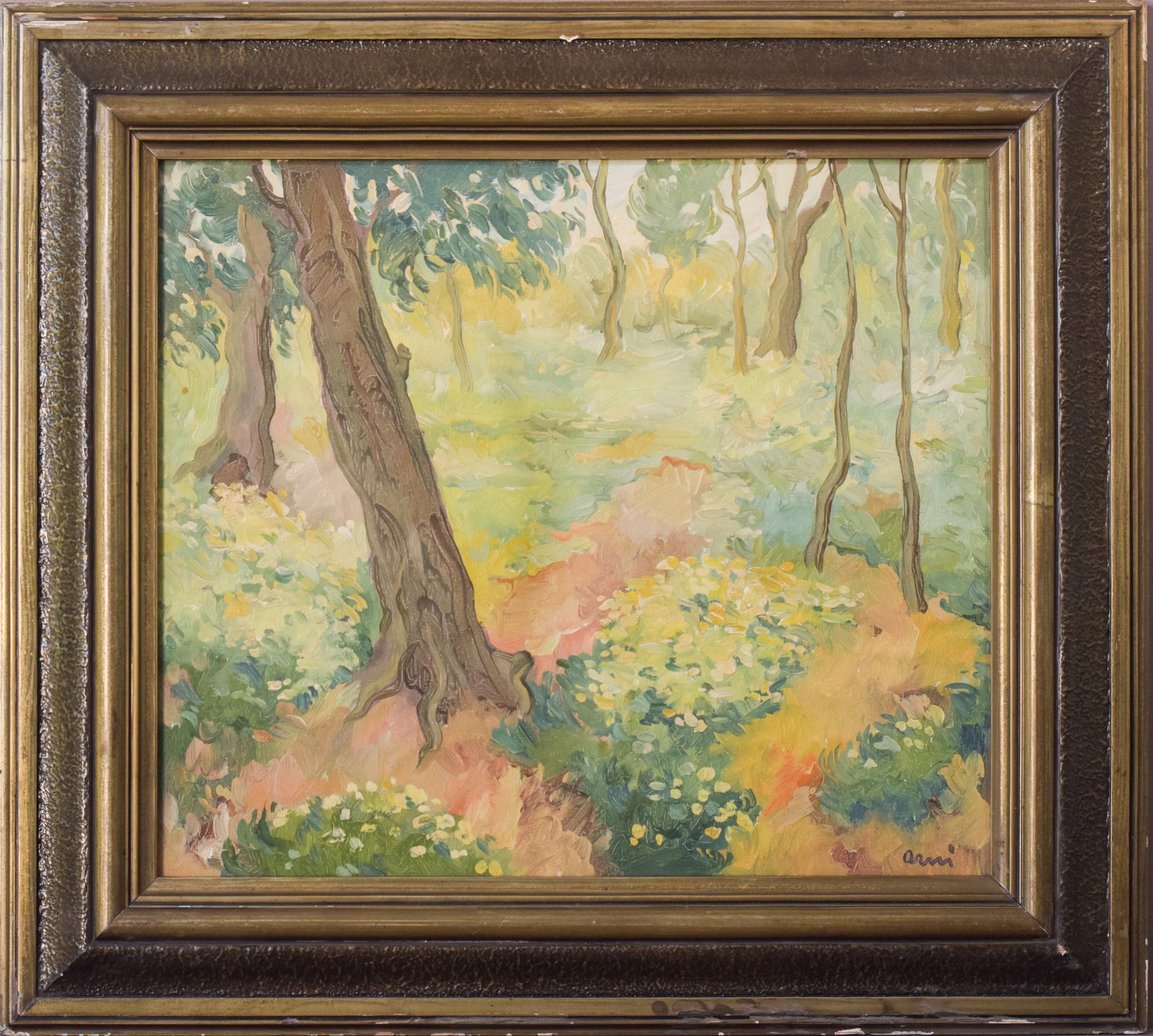 Artwork by Unknown, Impressionist - Wooded Landscape with Flowers, Made of Oil on board 
