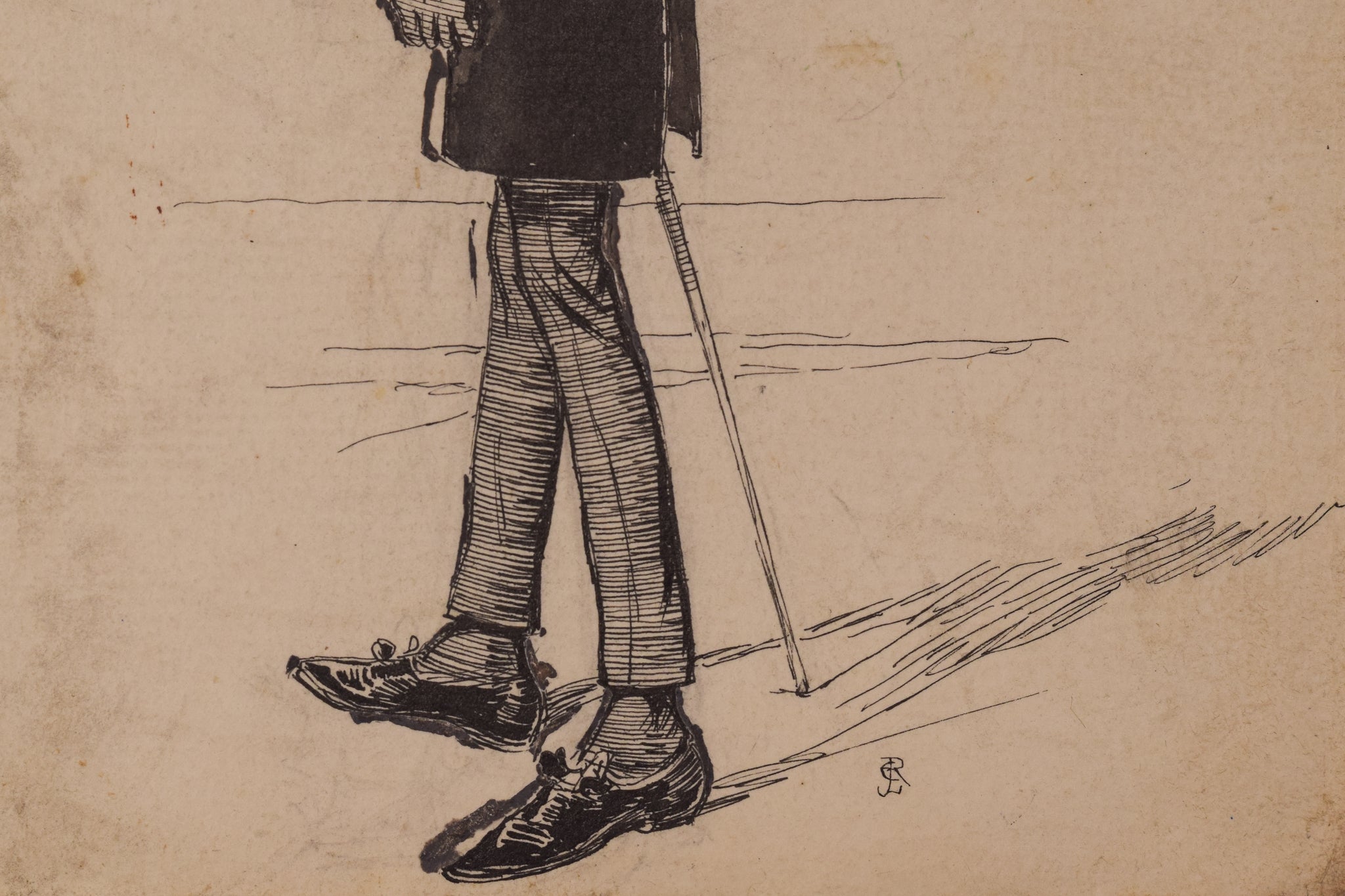 A drawing of a man with a cane and a top hat.
