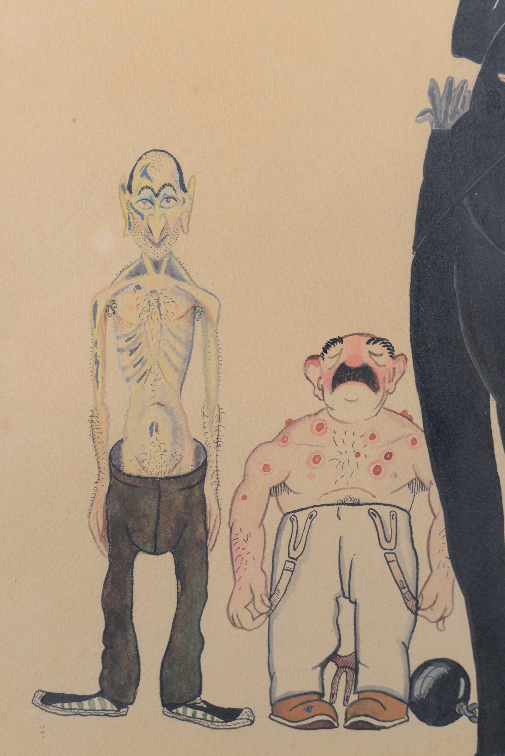 A drawing of a man in a tuxedo standing in front of a group of people.