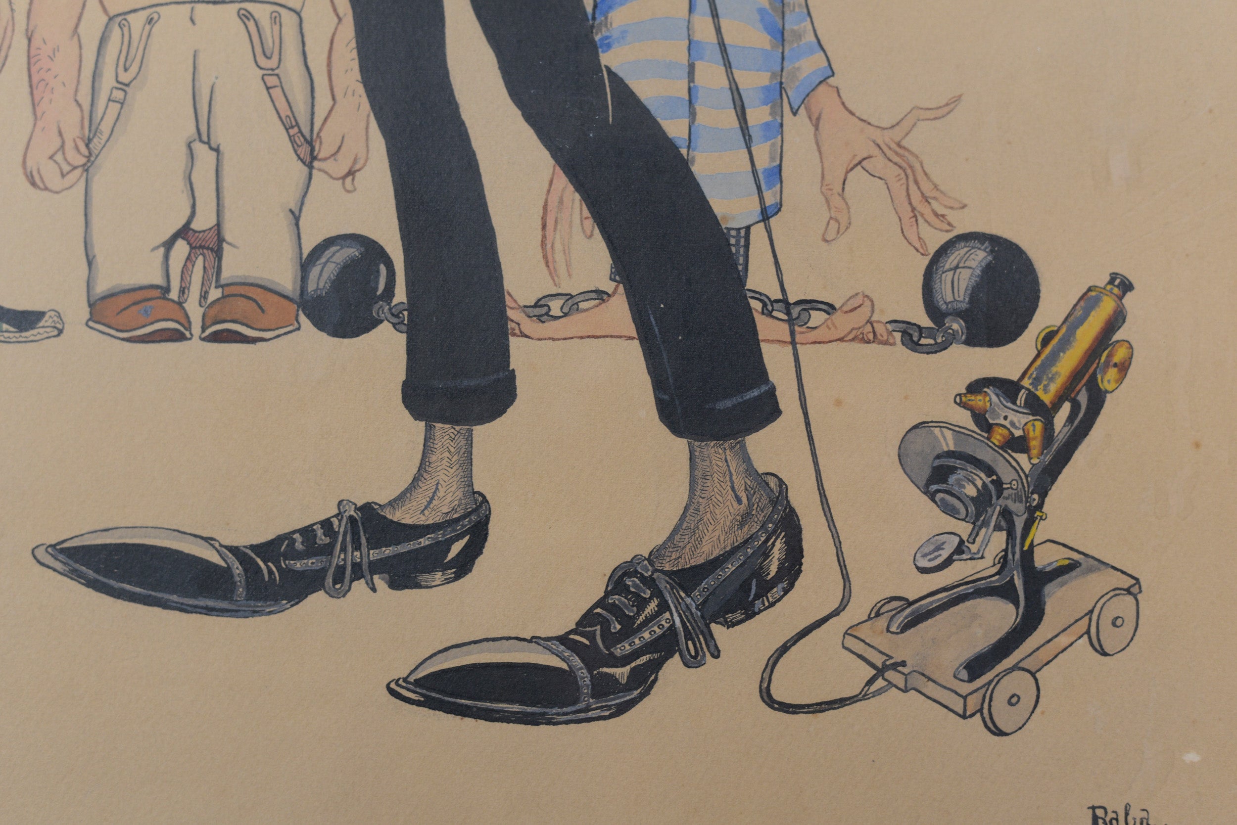 A drawing of a man in a tuxedo standing in front of a group of people.