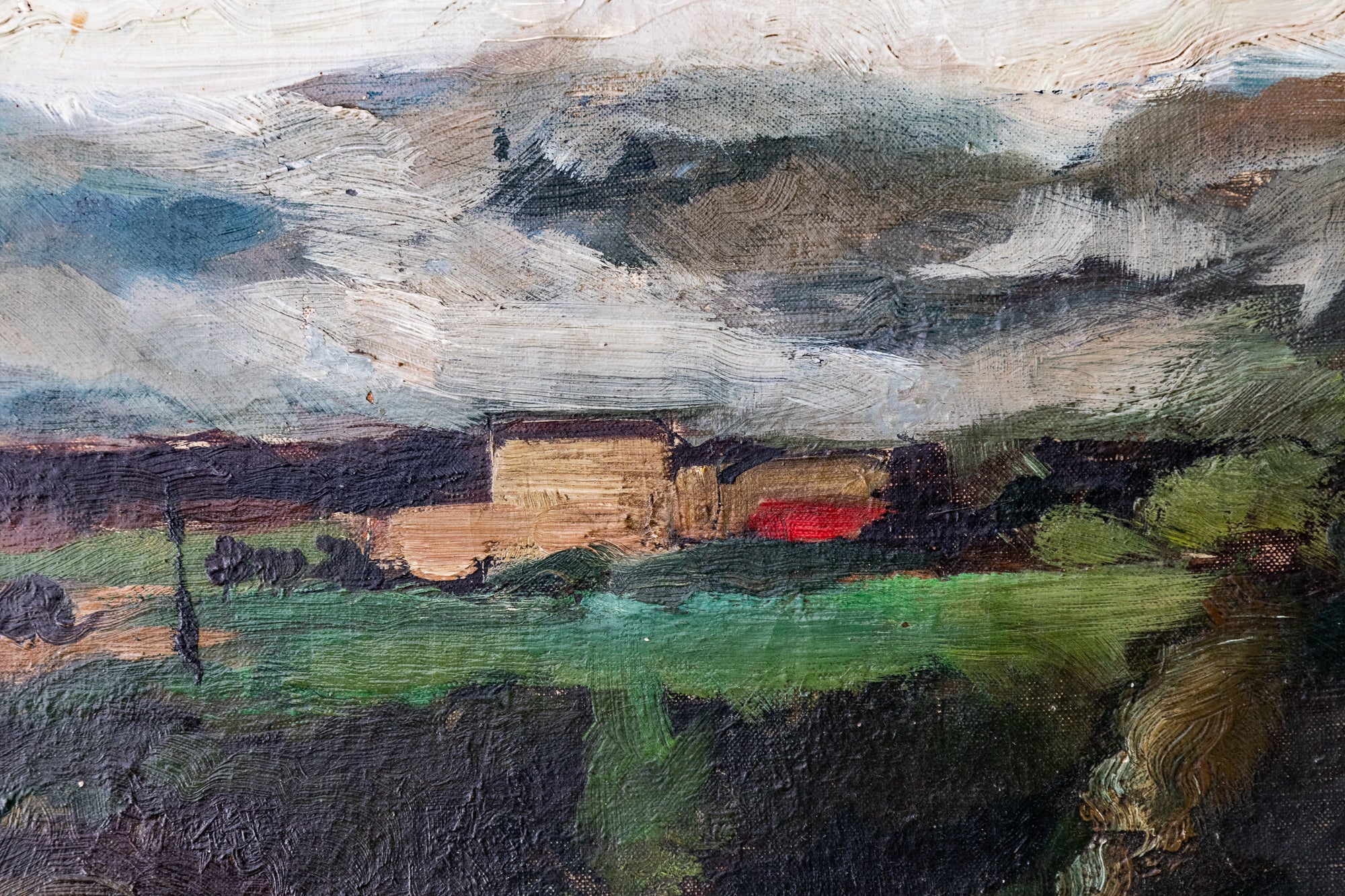 A painting of a landscape with mountains in the background.