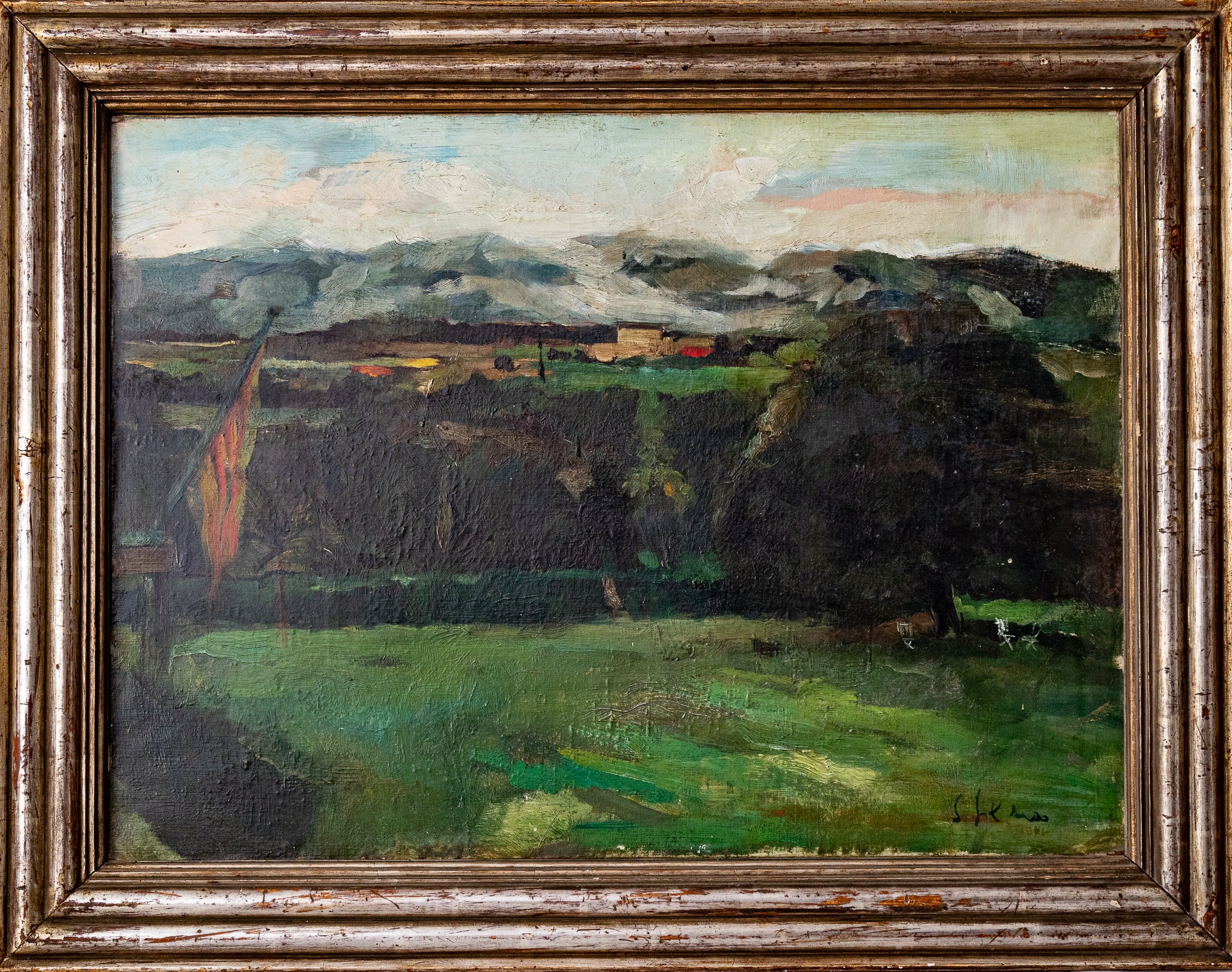 A painting of a landscape with mountains in the background.