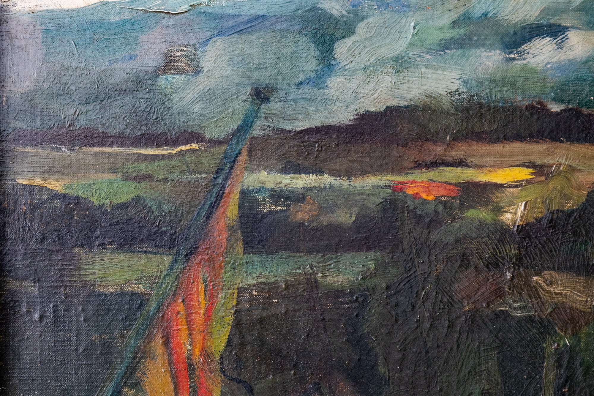 A painting of a landscape with mountains in the background.