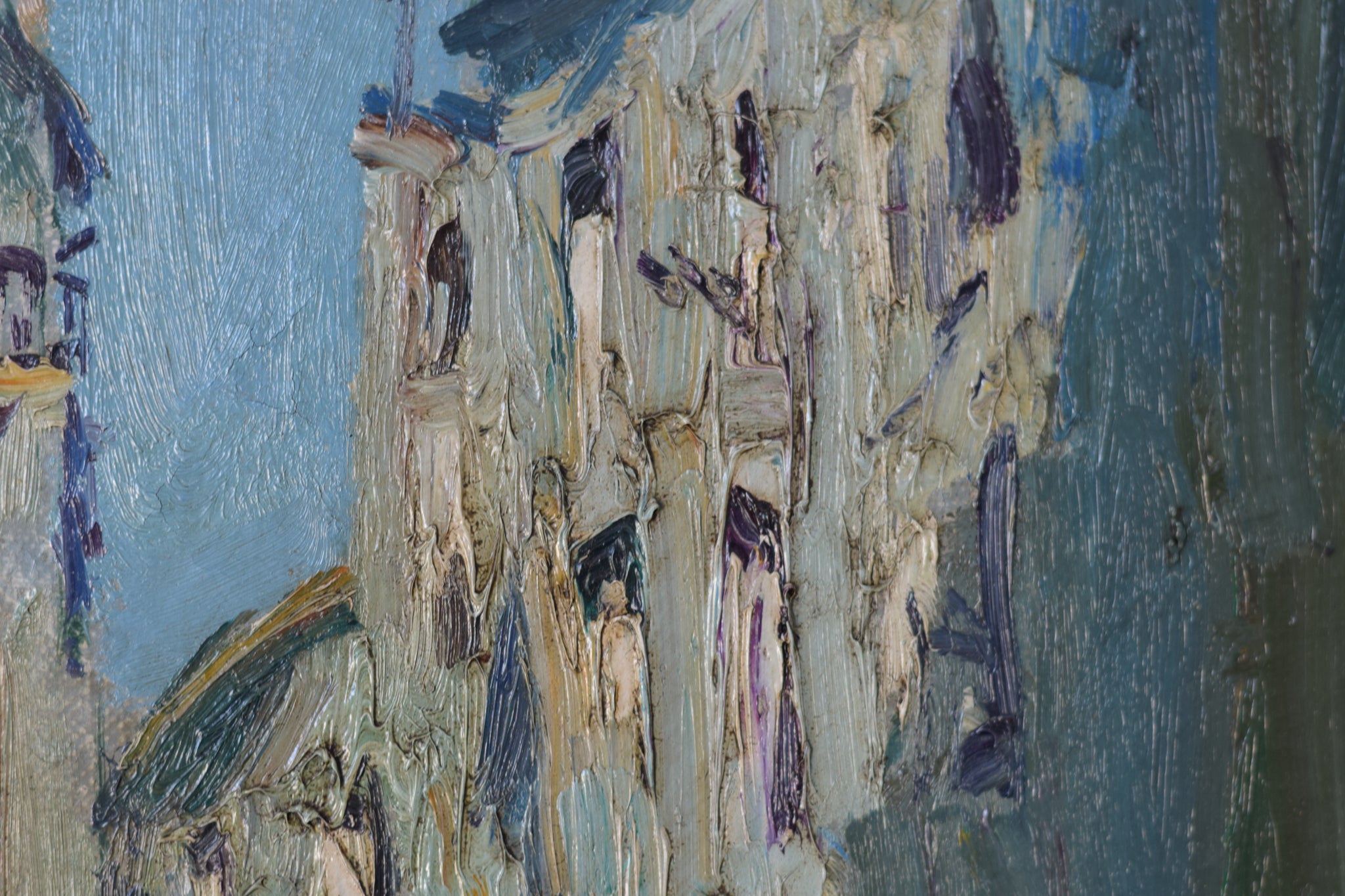 A painting of people walking down a narrow street.