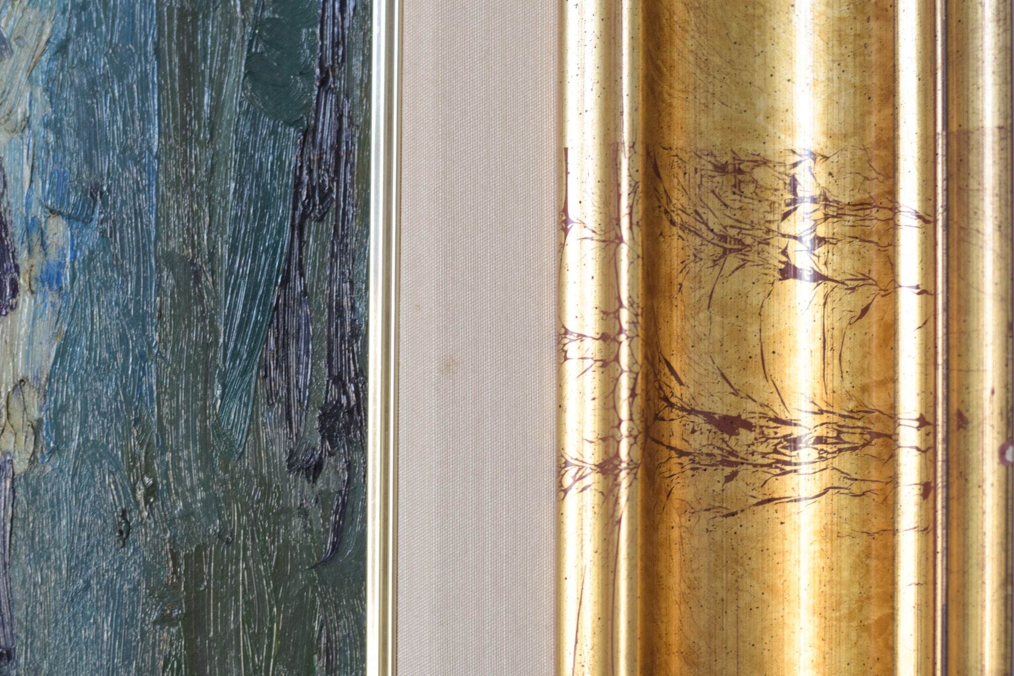 A painting of people walking down a narrow street.