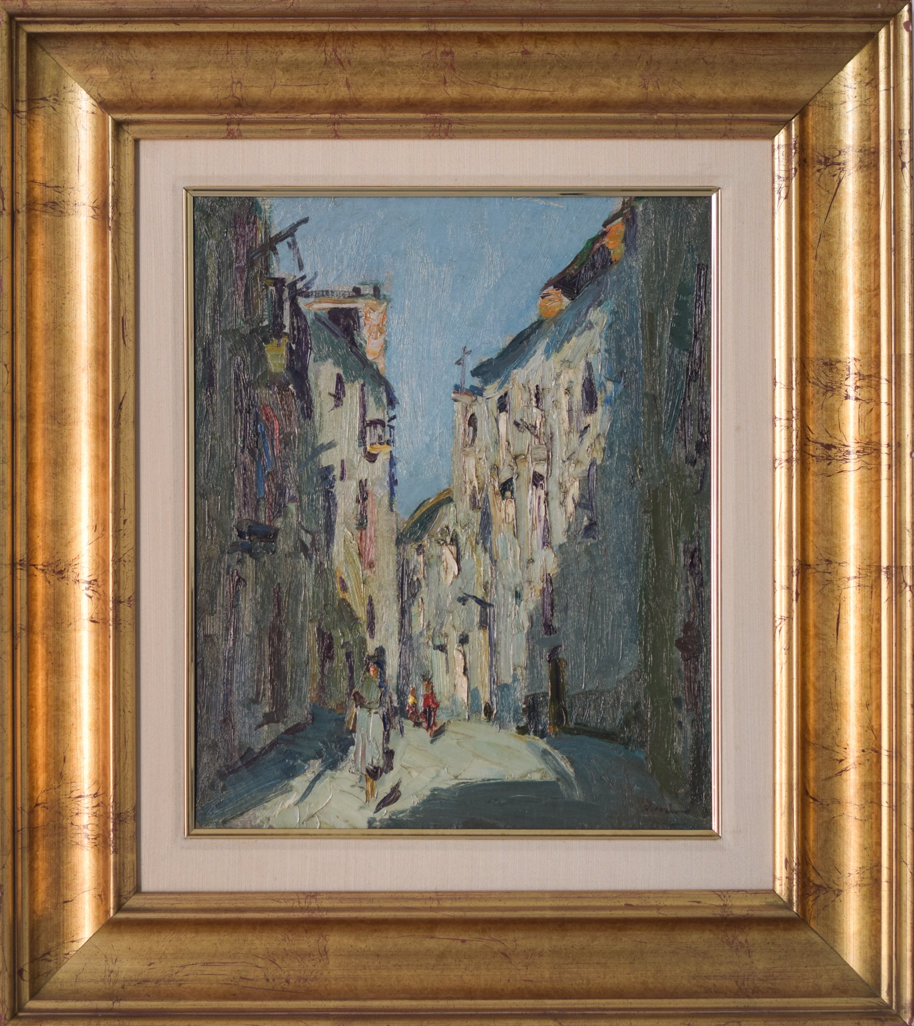 A painting of people walking down a narrow street.