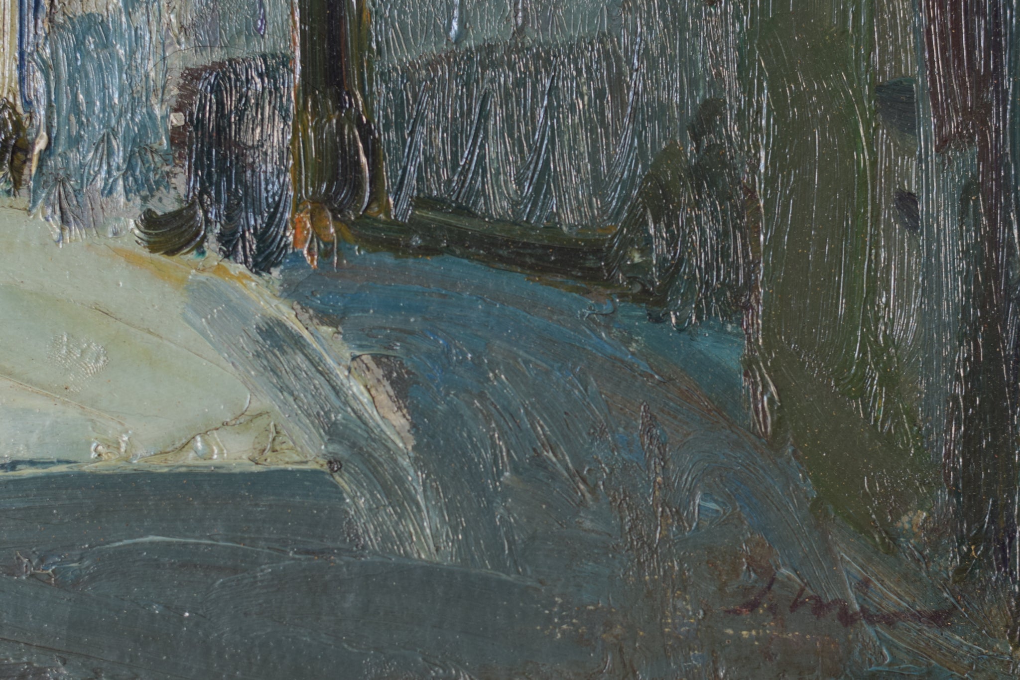 A painting of people walking down a narrow street.