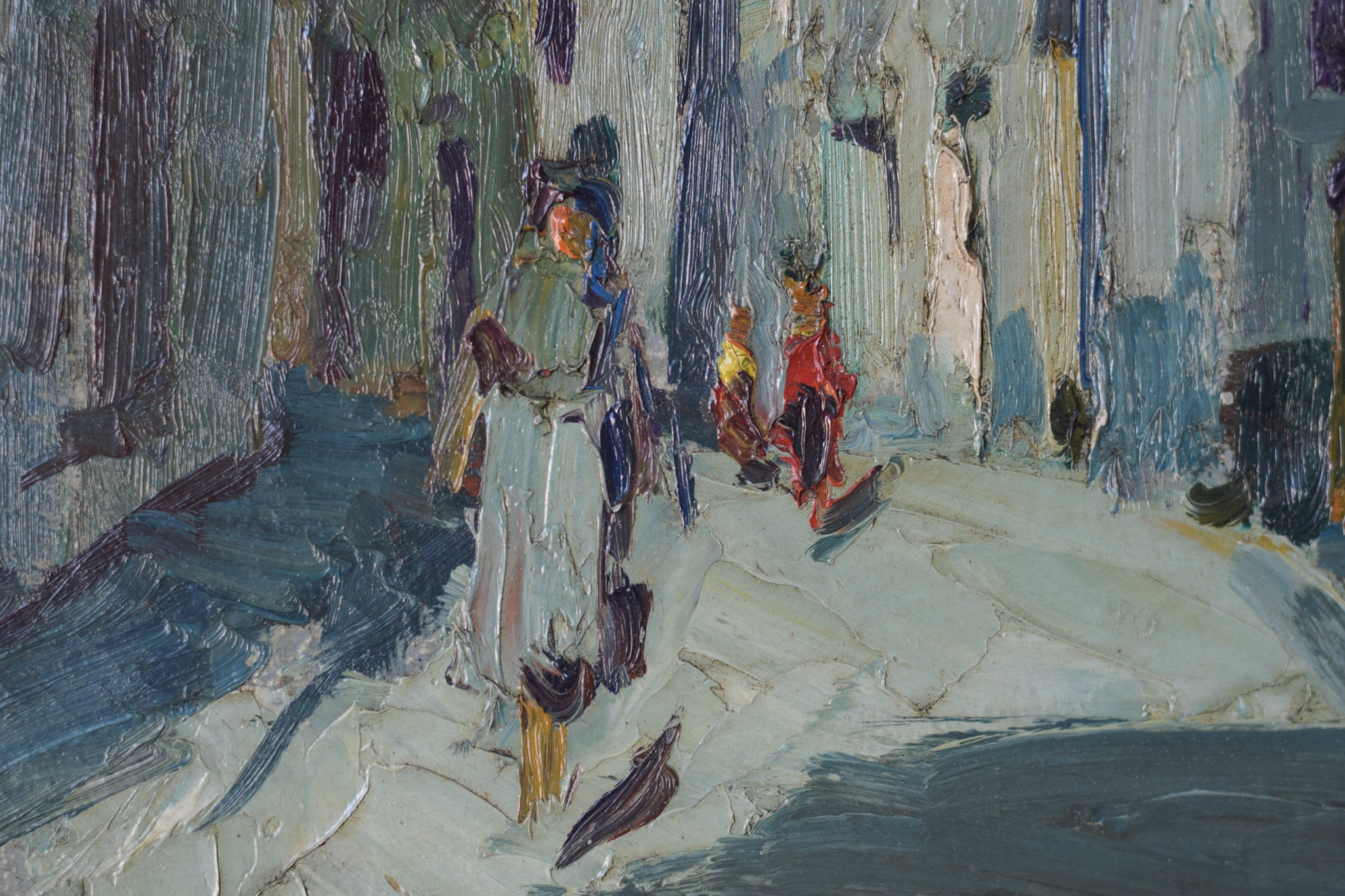A painting of people walking down a narrow street.