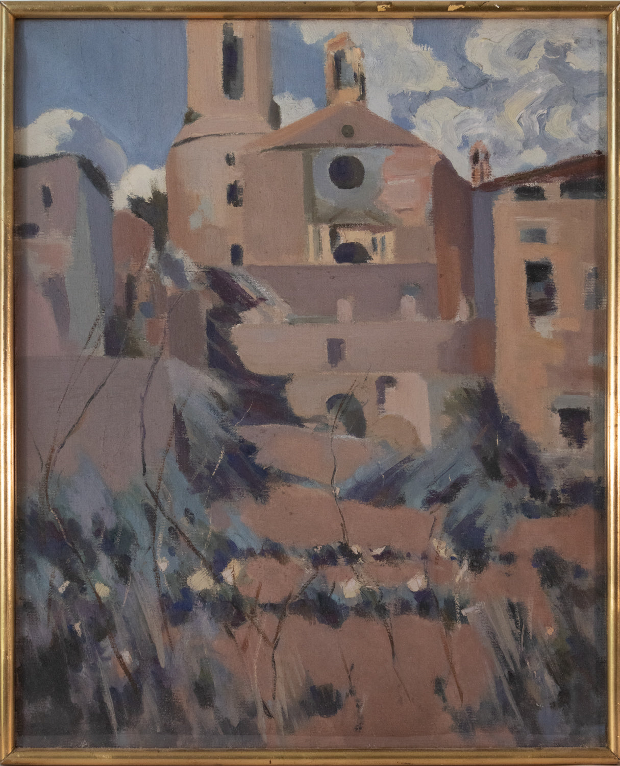 A painting of a church in the middle of a field.