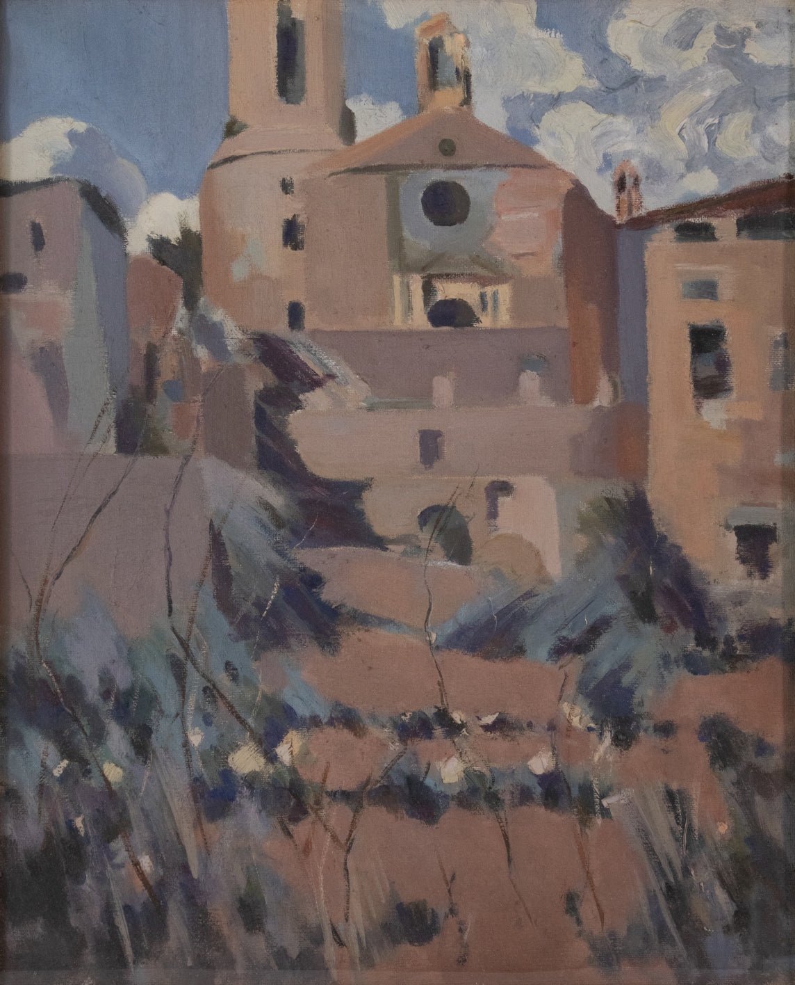 A painting of a church in the middle of a field.