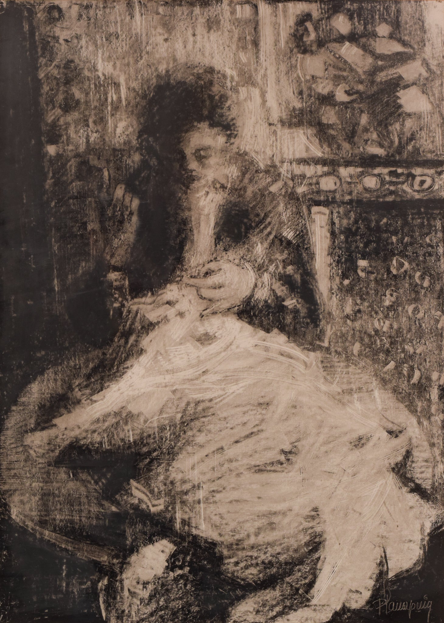 Artwork by Unknown, Lady Sewing, Made of Graphite on paper 