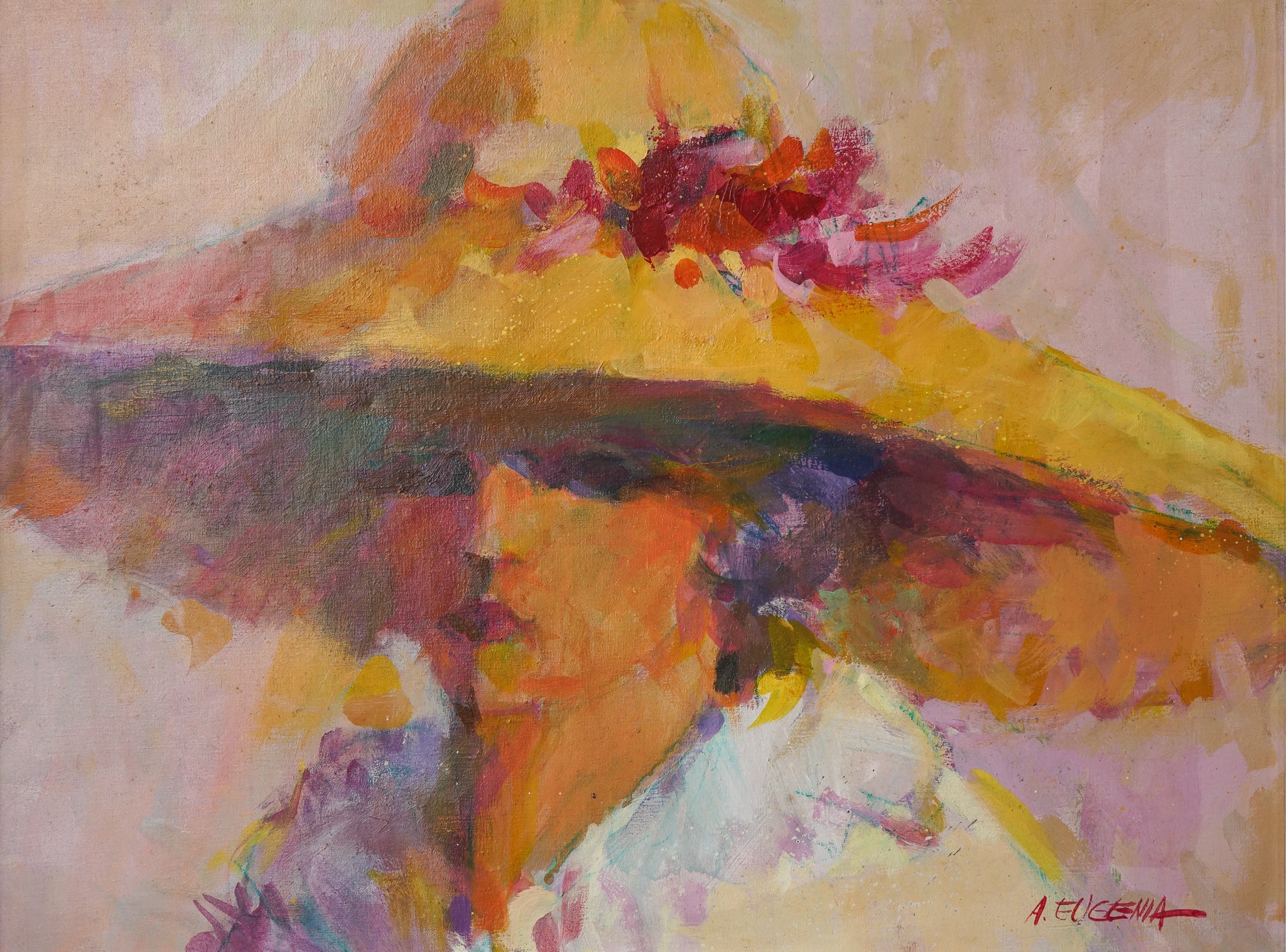 A painting of a woman wearing a yellow hat.