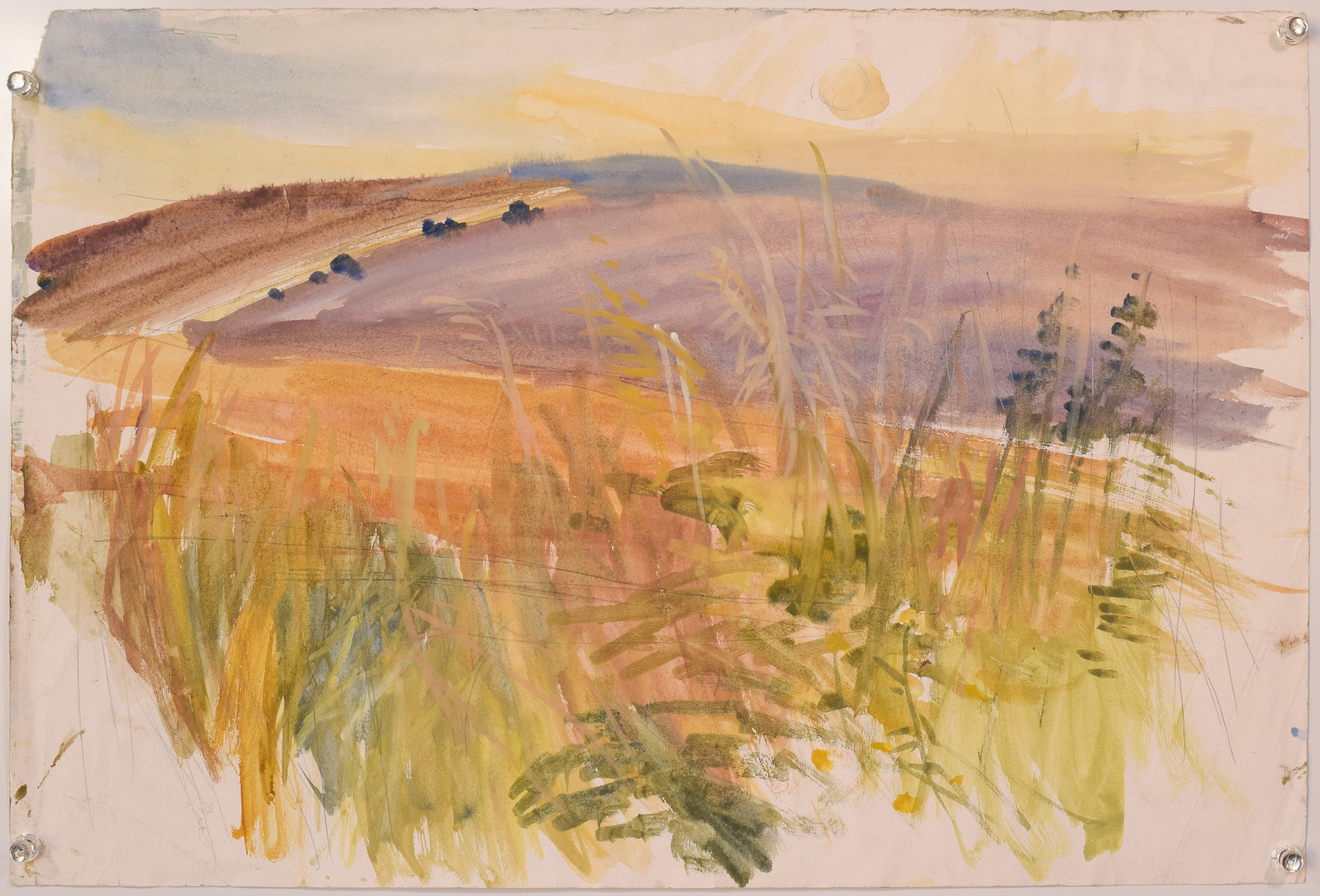 A watercolor painting of a field with tall grass in the foreground.