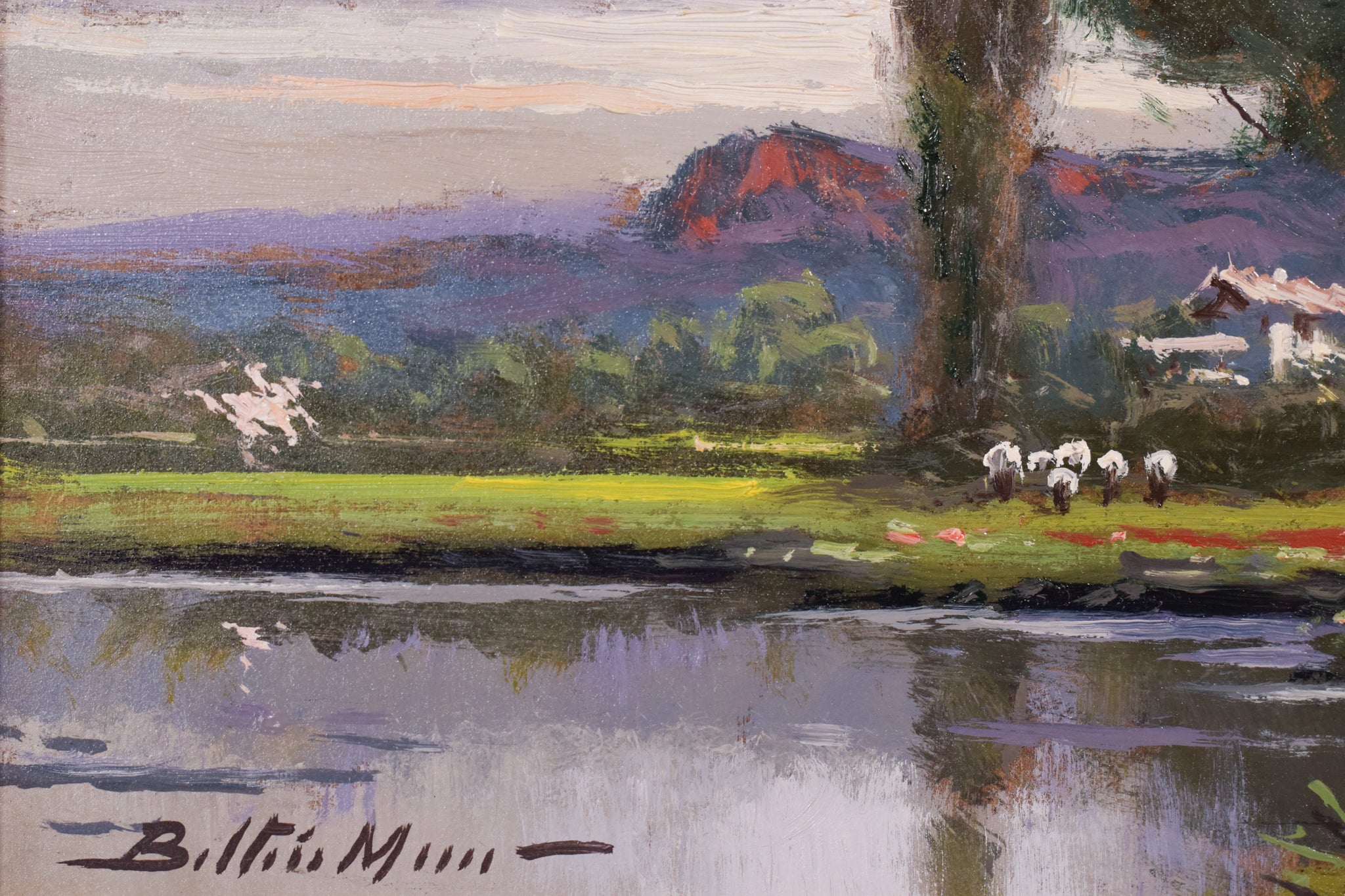 A painting of a landscape with a river and trees.