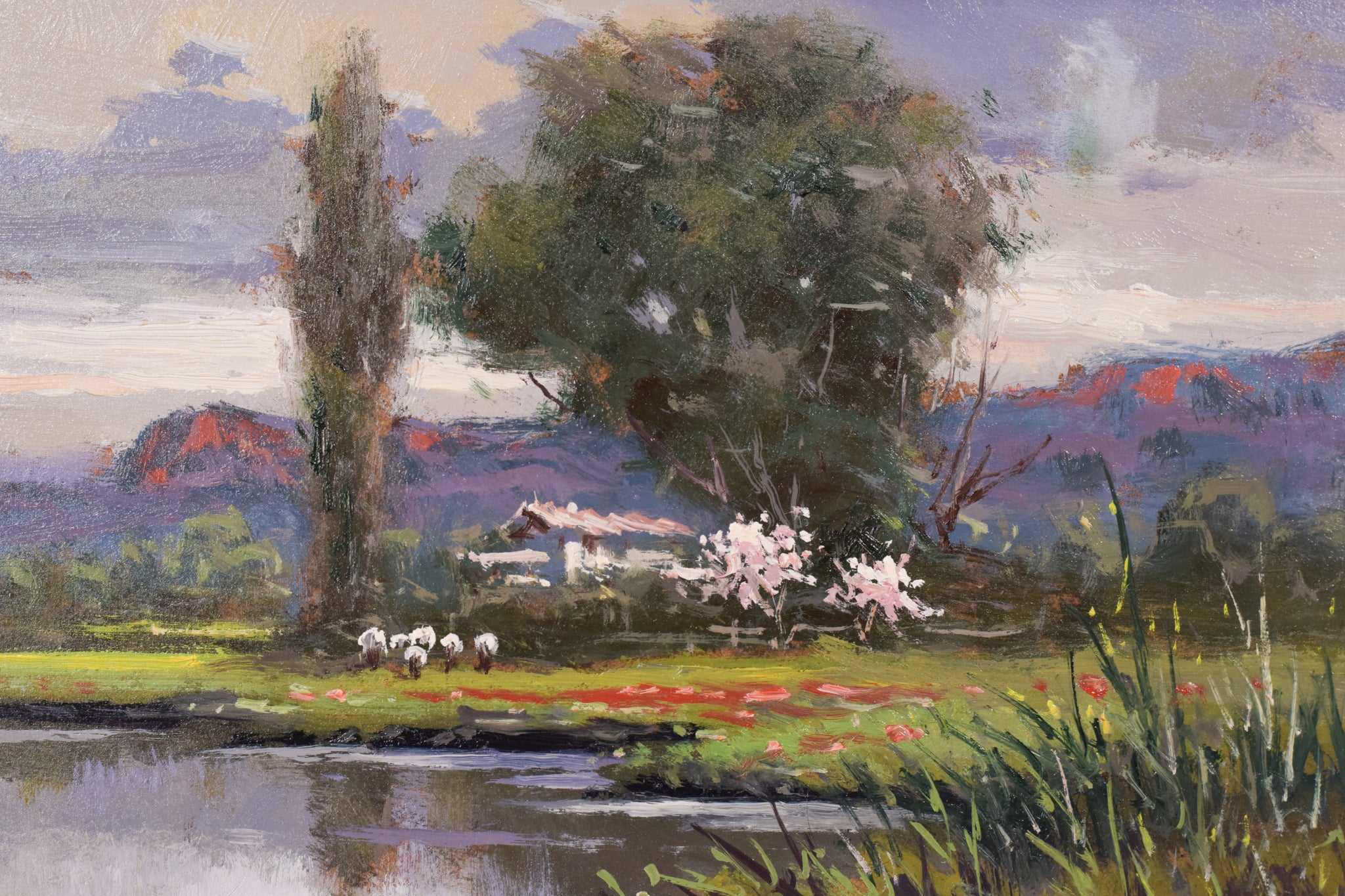 A painting of a landscape with a river and trees.