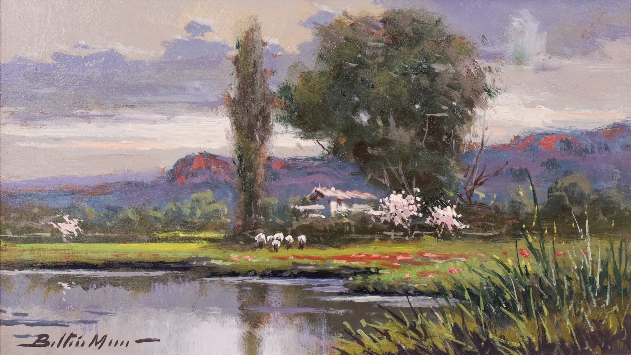 A painting of a landscape with a river and trees.