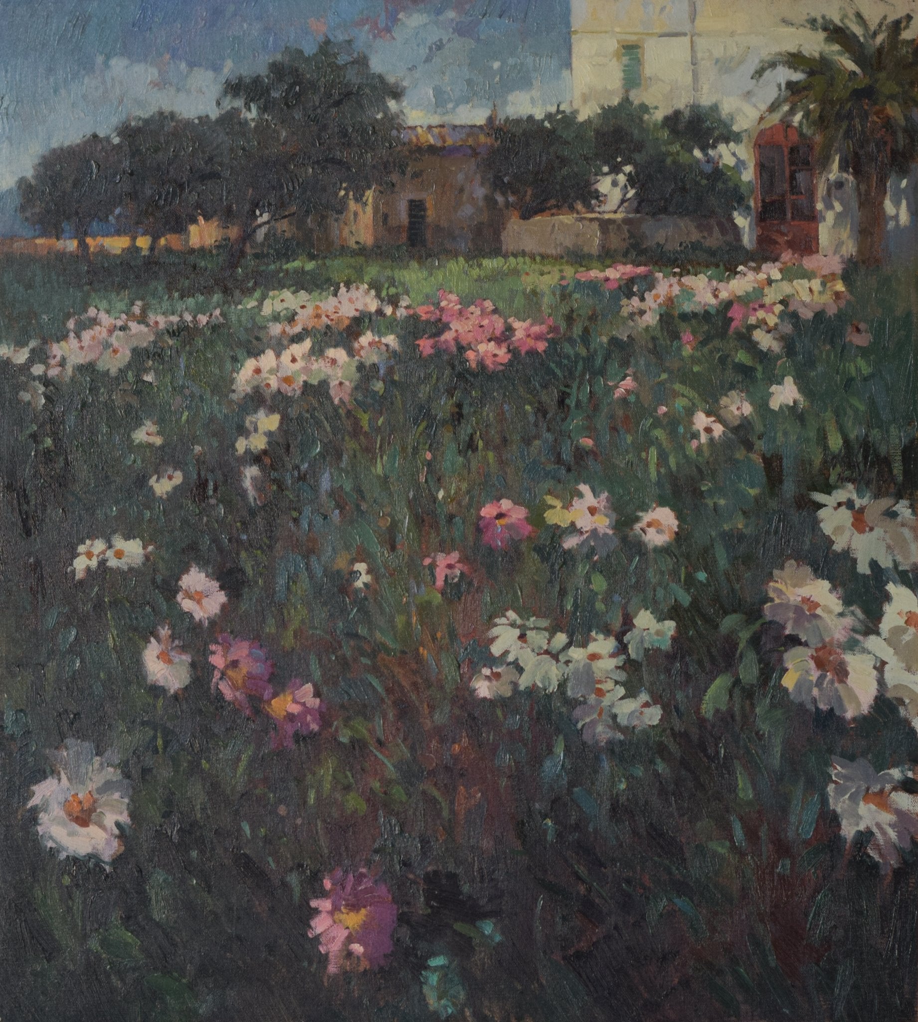 A painting of a field of flowers in front of a building.