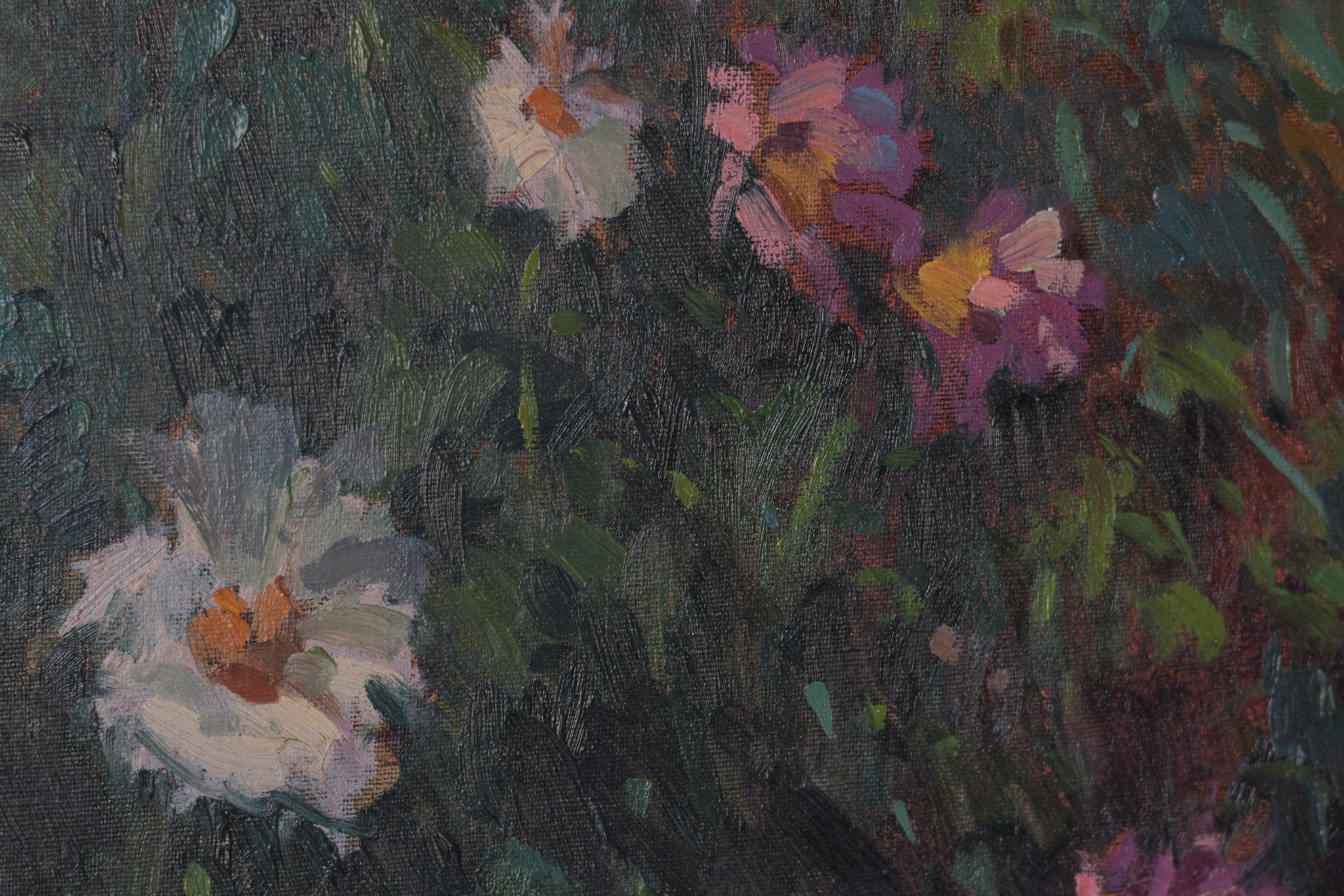 A painting of a field of flowers in front of a building.