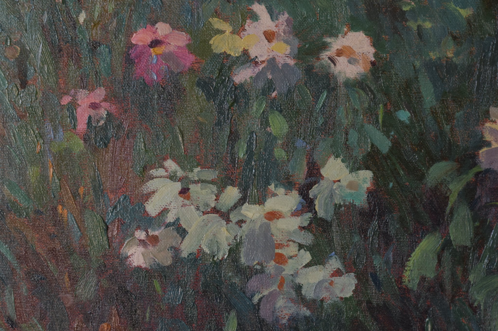 A painting of a field of flowers in front of a building.