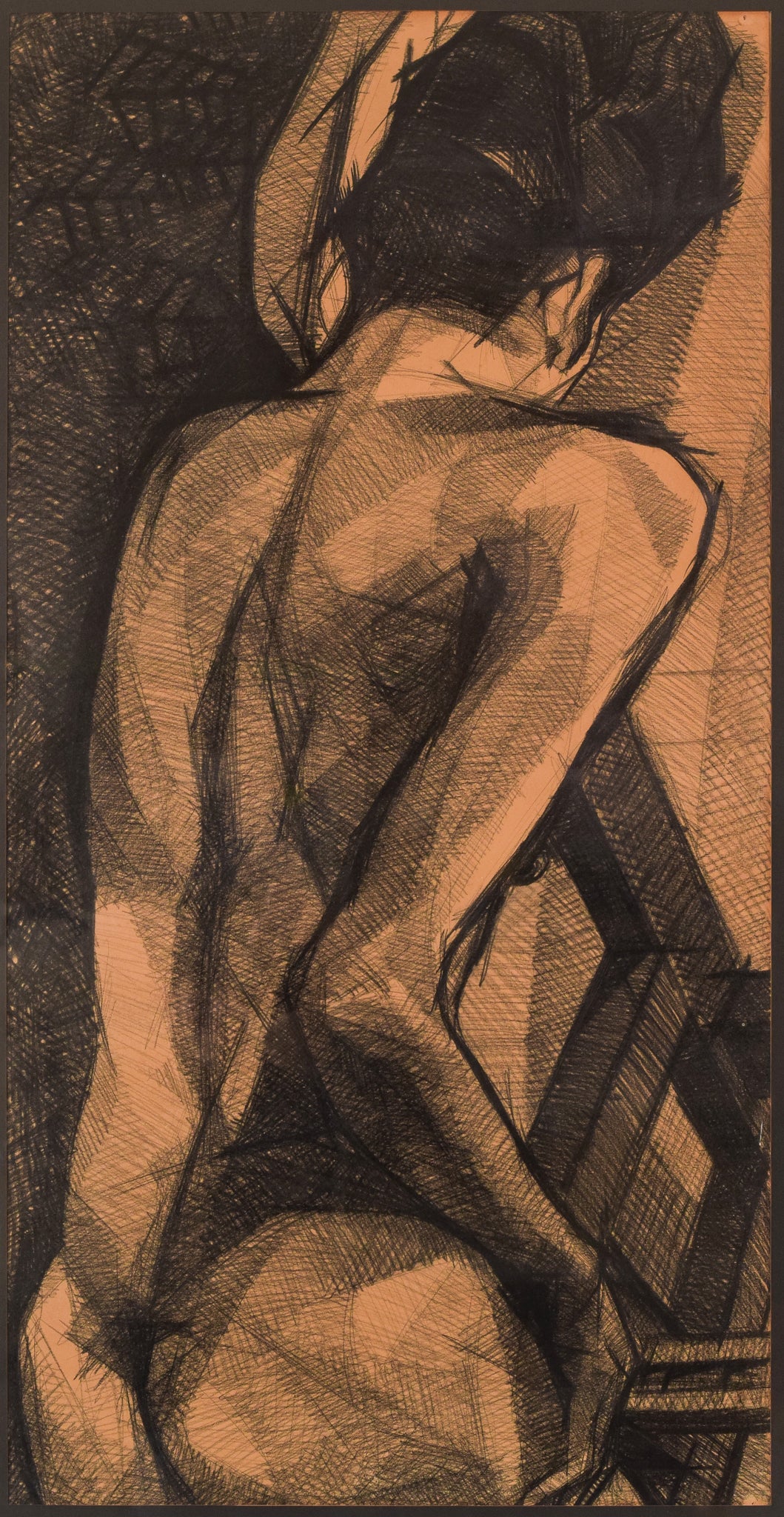 A drawing of a nude woman sitting on a chair.